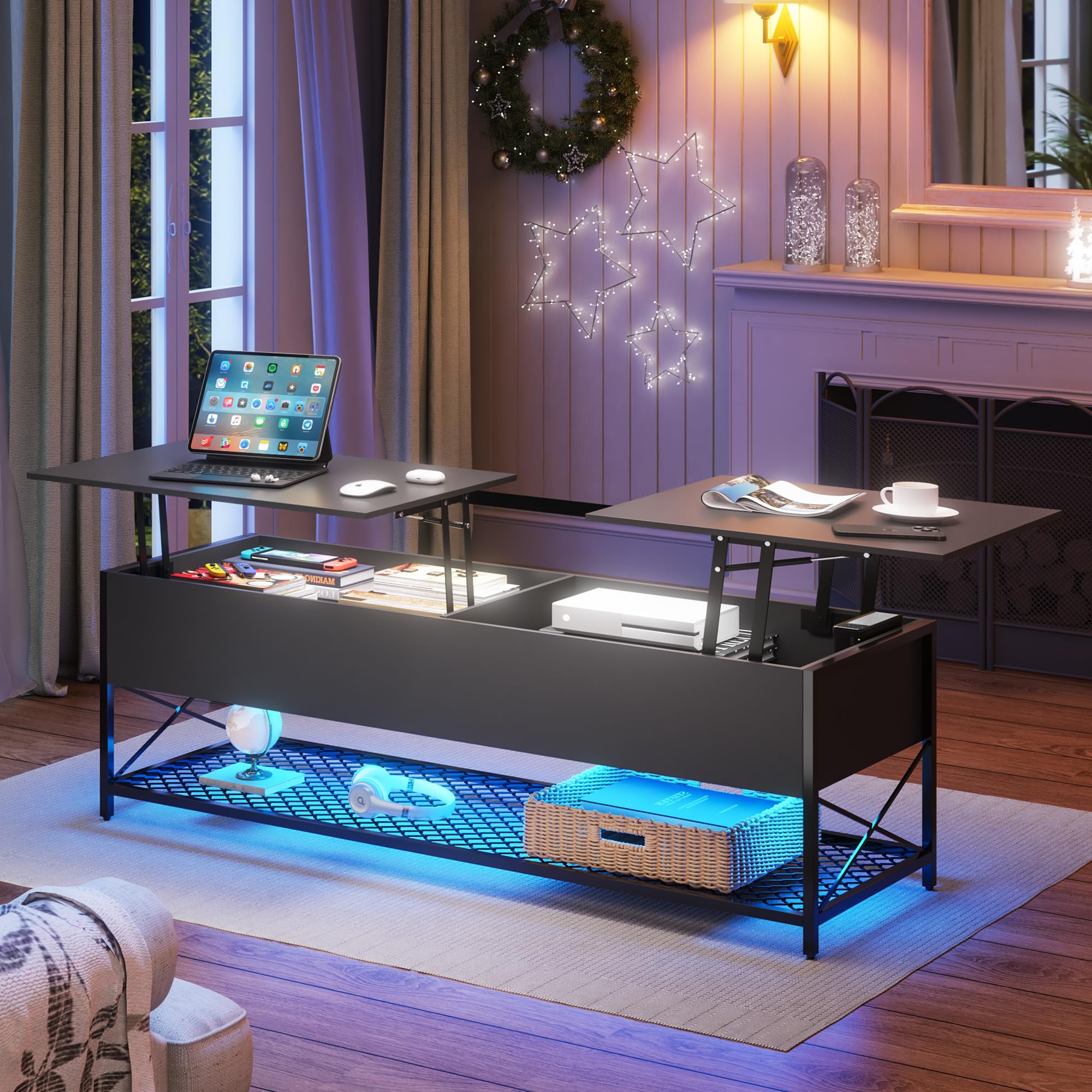 Lvifur LED Lift Top Coffee Table with Lights, 44” Coffee Tables with Storage and Power Outlets, Auto Sensor Wooden Center Table for Living Room (Grey)