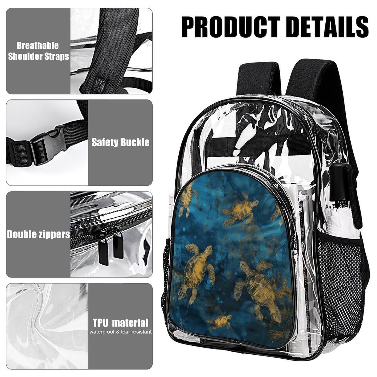 Sea Turtle1 transparenter Rucksack, groß, transparent, PVC, Büchertasche für Sicherheit, Arbeit, Reisen, Stadion