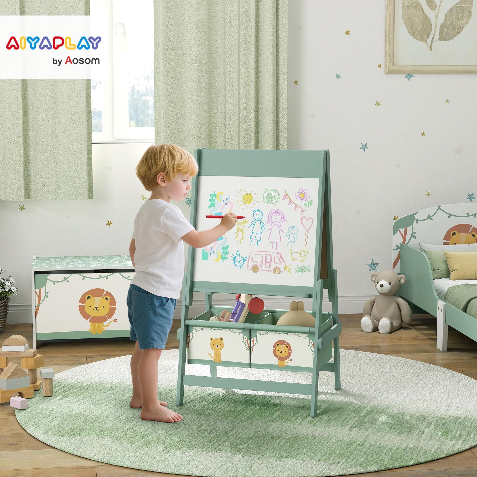 AIYAPLAY Lavagna per Bambini 3 in 1 con Rotolo di Carta e 2 Cestelli Portaoggetti, Lavagna con Cavalletto in Legno di Pino e MDF, 54x46x94 cm, Verde