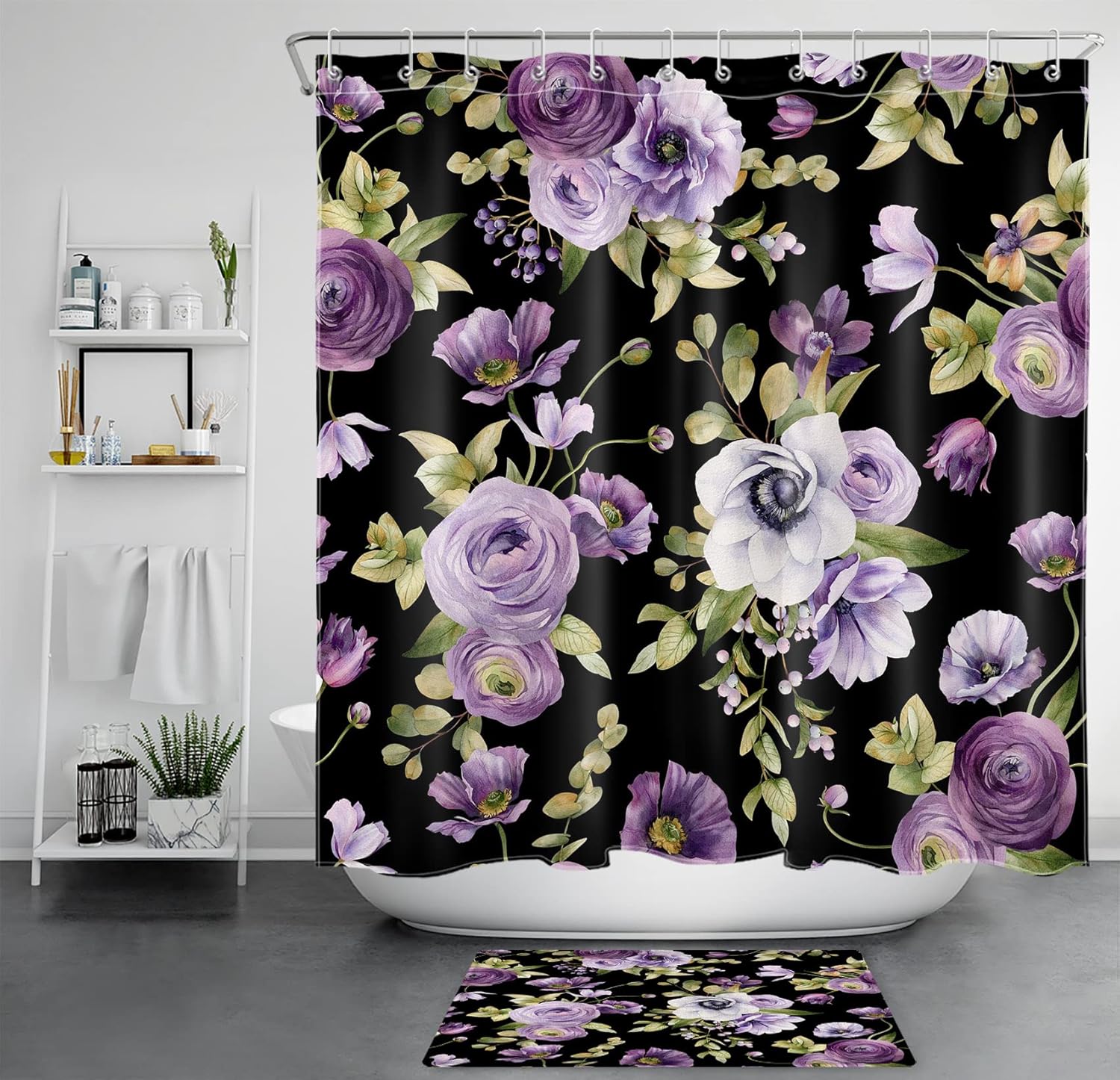 EOBTAIN Purple Floral Shower Curtain Set Watercolor Flower