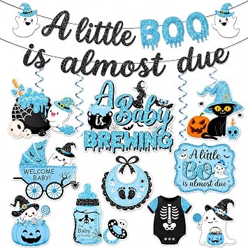 Halloween Baby Shower Decorations,A Little Boo Is Almost Due Baby Shower Decorations Blue A Little Boo Is Almost Due Banner and Hanging Swirl for Boy