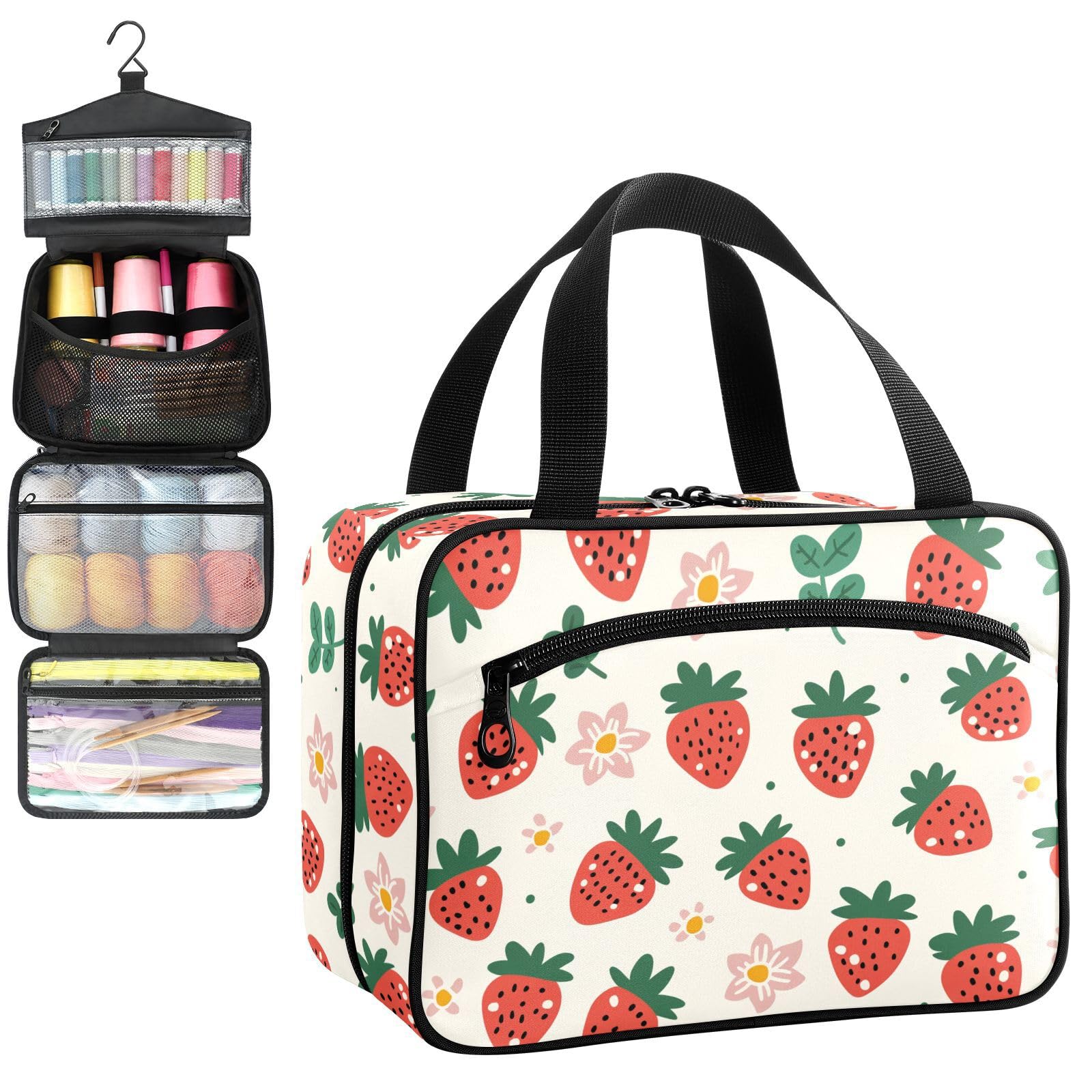 YNNALE Sewing Supply Organizer Bag, Strawberry Floral Pattern Beige Portable Sewing Bags with Pockets&Hanger, Sewing Storage Box Case for Sew Supplies/Kit/Tools/Accessories (BAG ONLY)