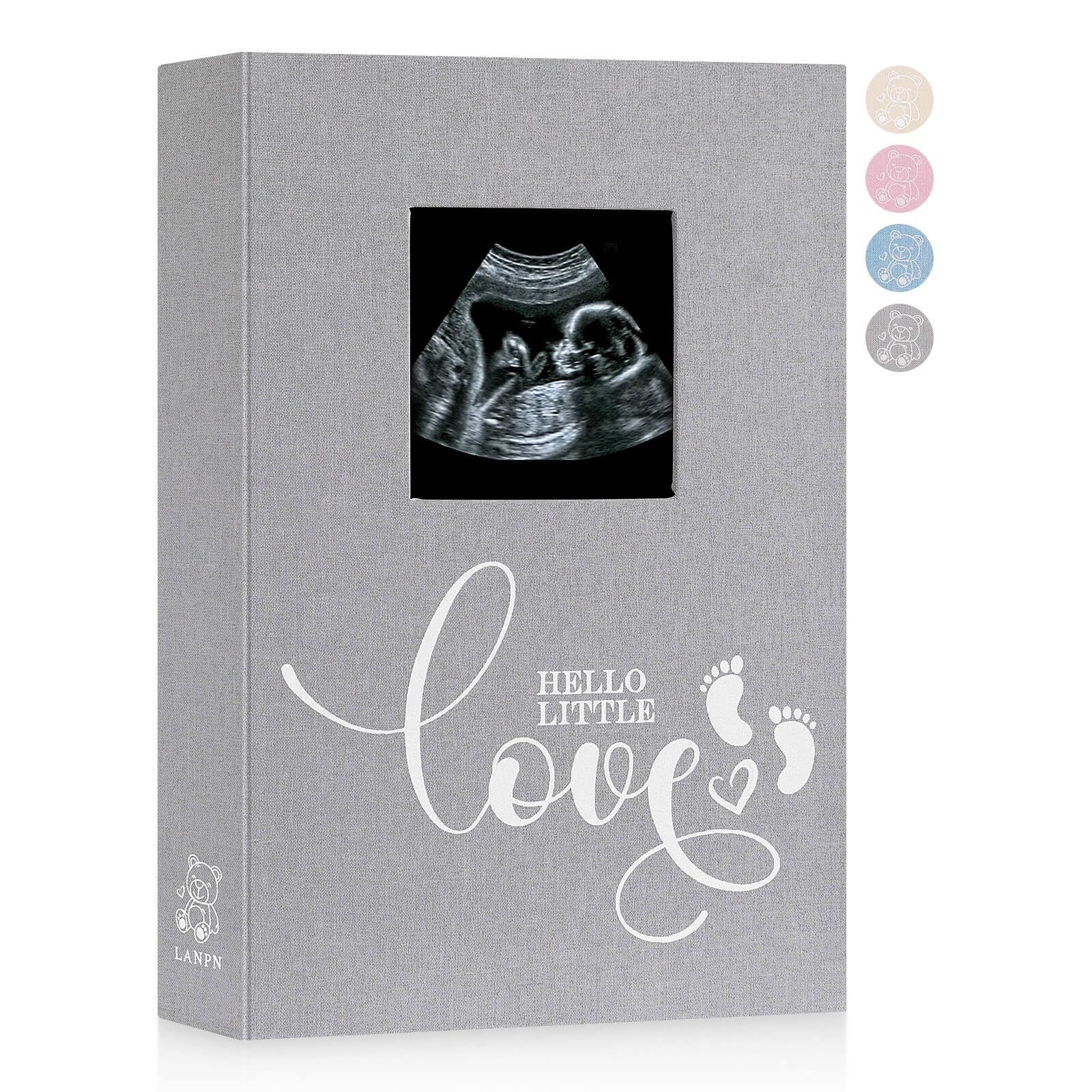 Lanpn Baby Photo Album 4x6 300 Pockets, Linen Cover Ultrasound Album with Memo Writing Area, Bebe Sonogram Photobook, Slip-in Picture Book, Newborn Memory Book Keepsake Gifts for Boy Baby Shower Grey