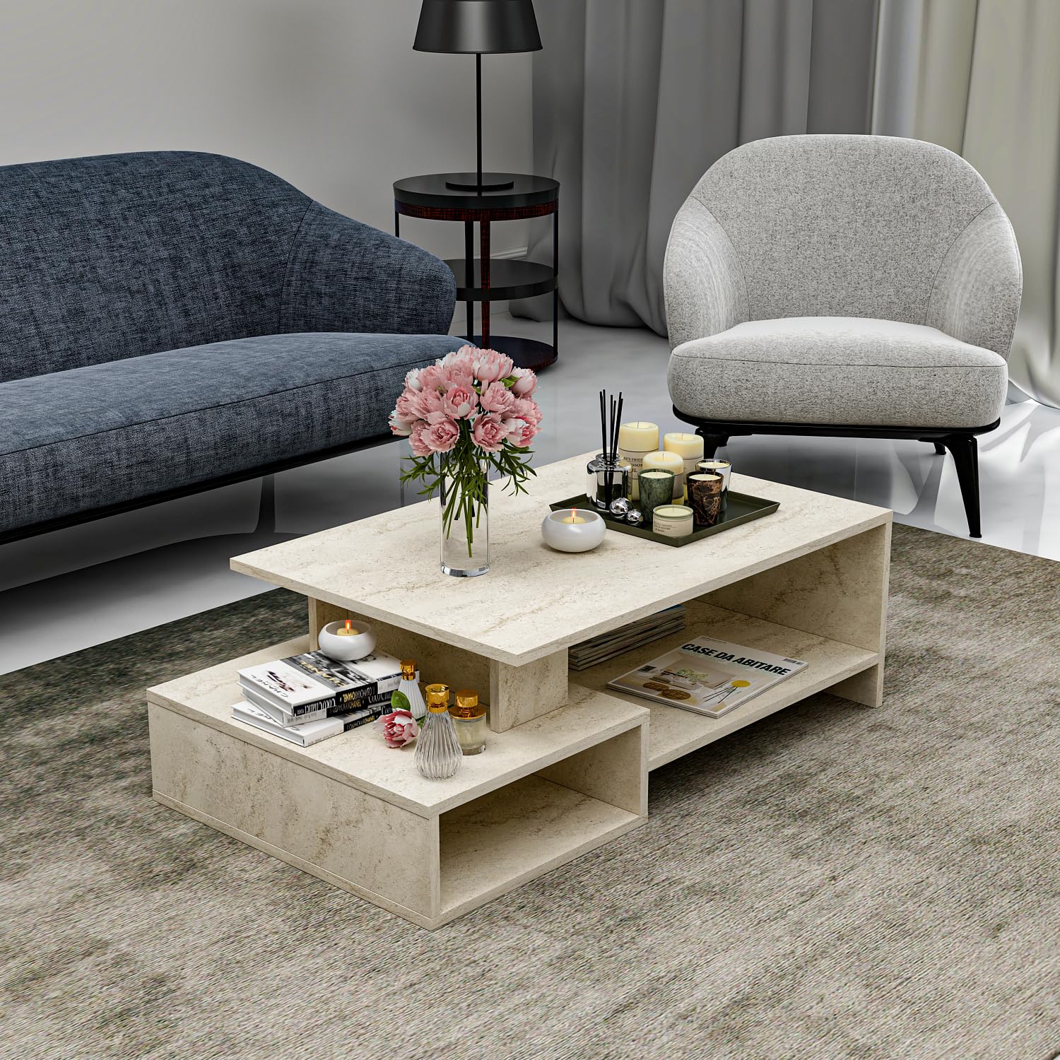 HOMIDEA DUX Couchtisch aus Holz - Wohnzimmertisch - moderner Kaffeetisch in trendigem Design mit Ablage (Travertin)