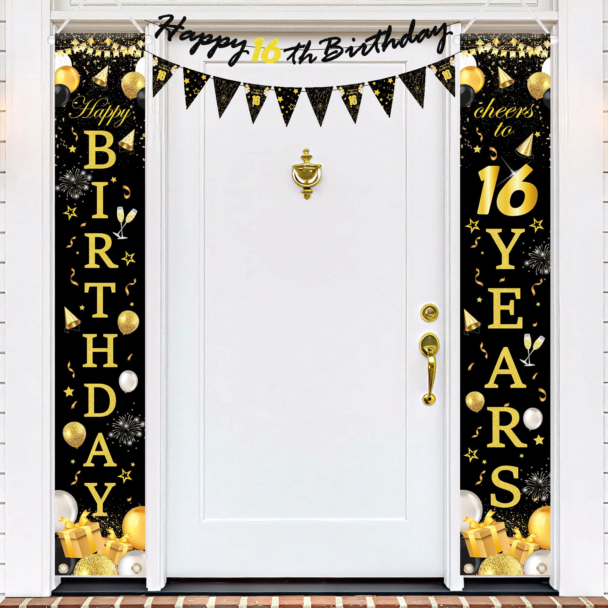 16th Birthday Decorations Black Gold, Happy 16th Birthday Banner with Door Banners, Sweet 16 Party Decorations for Boys Girls