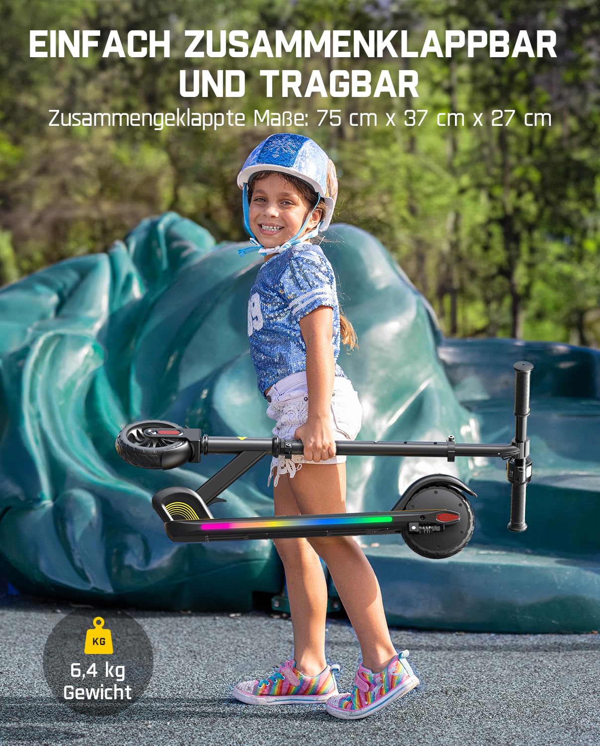 FanttikRide C9 Pro Elektroroller für Kinder 8-12 Jahren, Bunte Regenbogenlichter, 8/12/16 km/h, 8KM Reichweite, LED-Anzeige, Höhenverstellbar, Faltbar, für Jungen und Mädchen