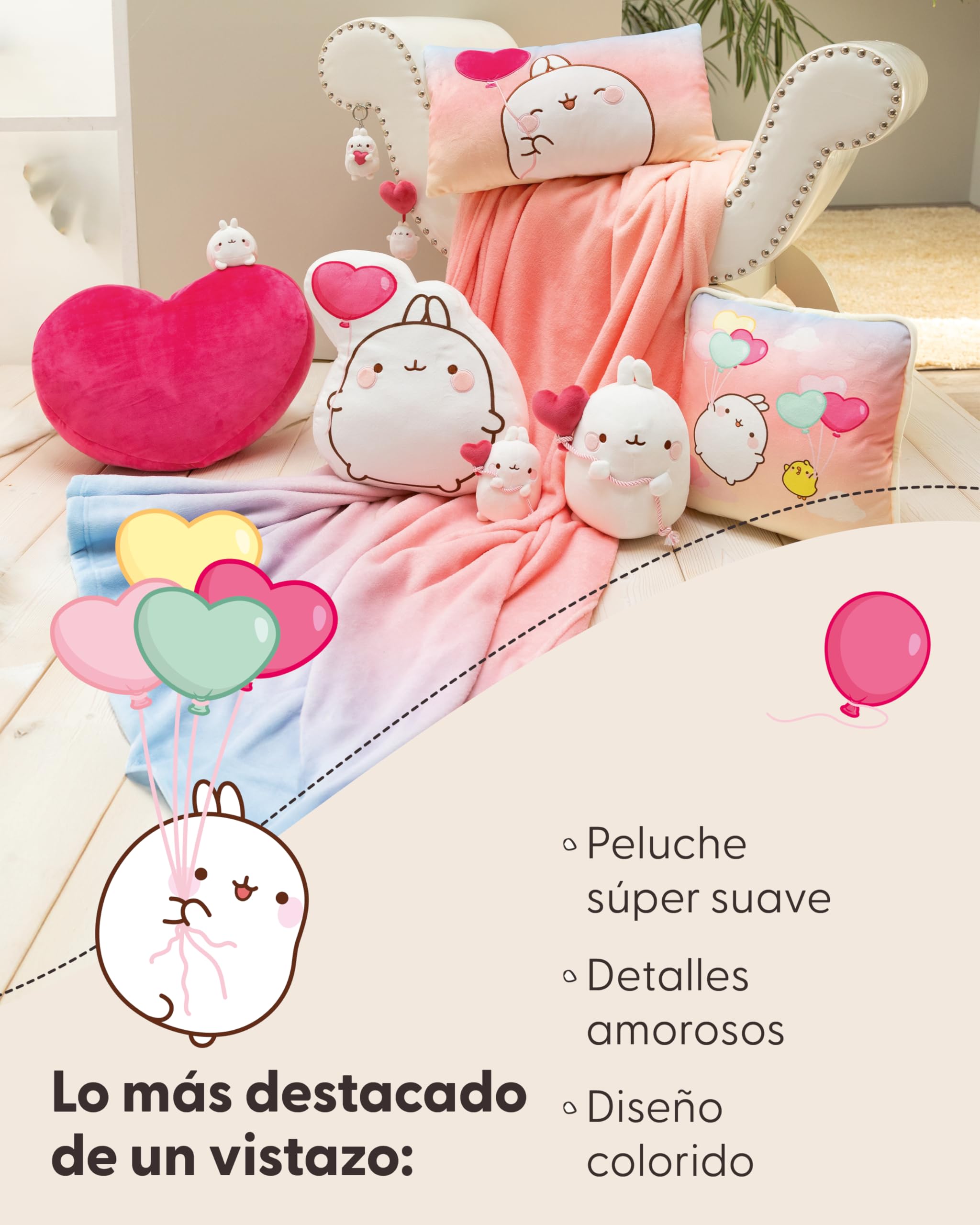 NICI cojín MOLANG 43x25cm colorido - Cojín de peluche mullida para niños, niñas, bebés y amantes de los peluches, ideal para casa, la guardería o de viaje - 61677