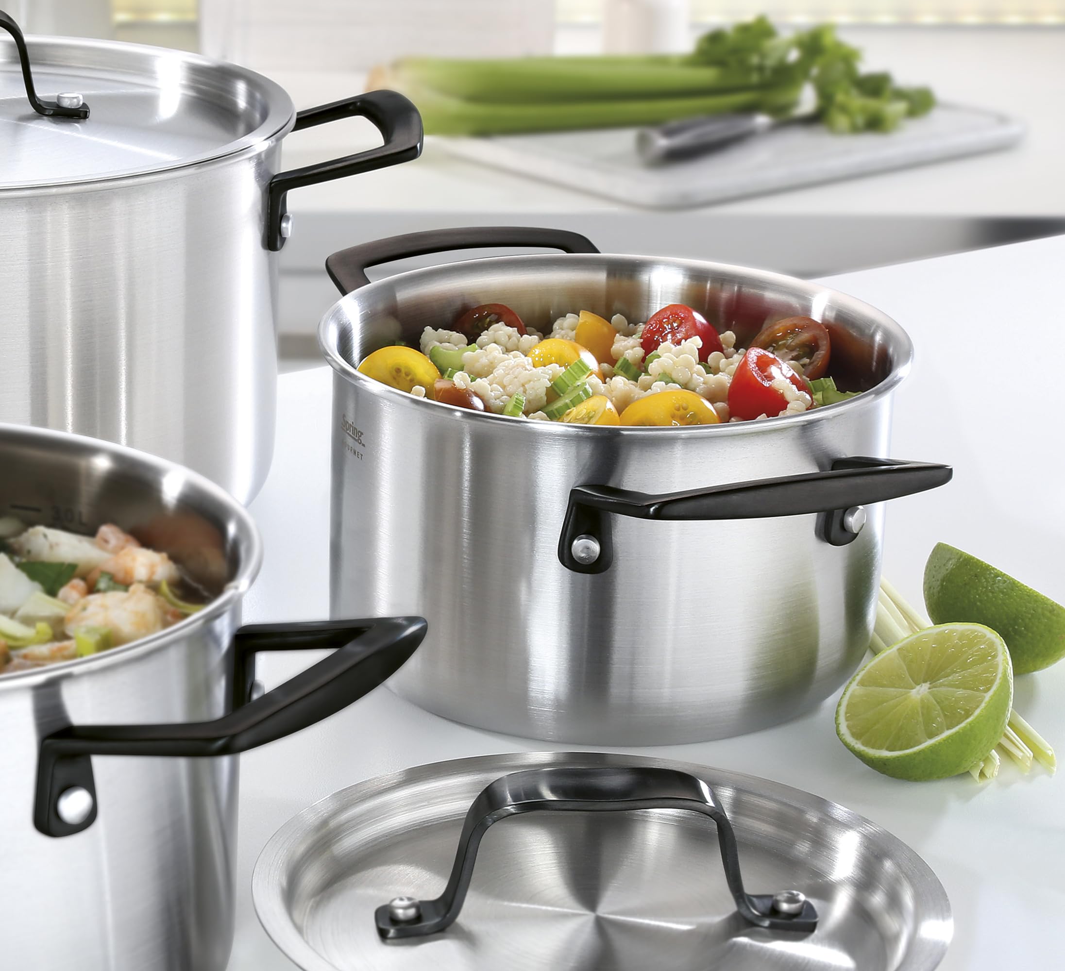 Spring Gourmet, steelpan, meerlaagse pan van roestvrij staal, geschikt voor de oven, voor het koken van sauzen, stoven en braden, met schaalverdeling aan de binnenkant, 16 cm, H: 7,5 cm, 1,4 l
