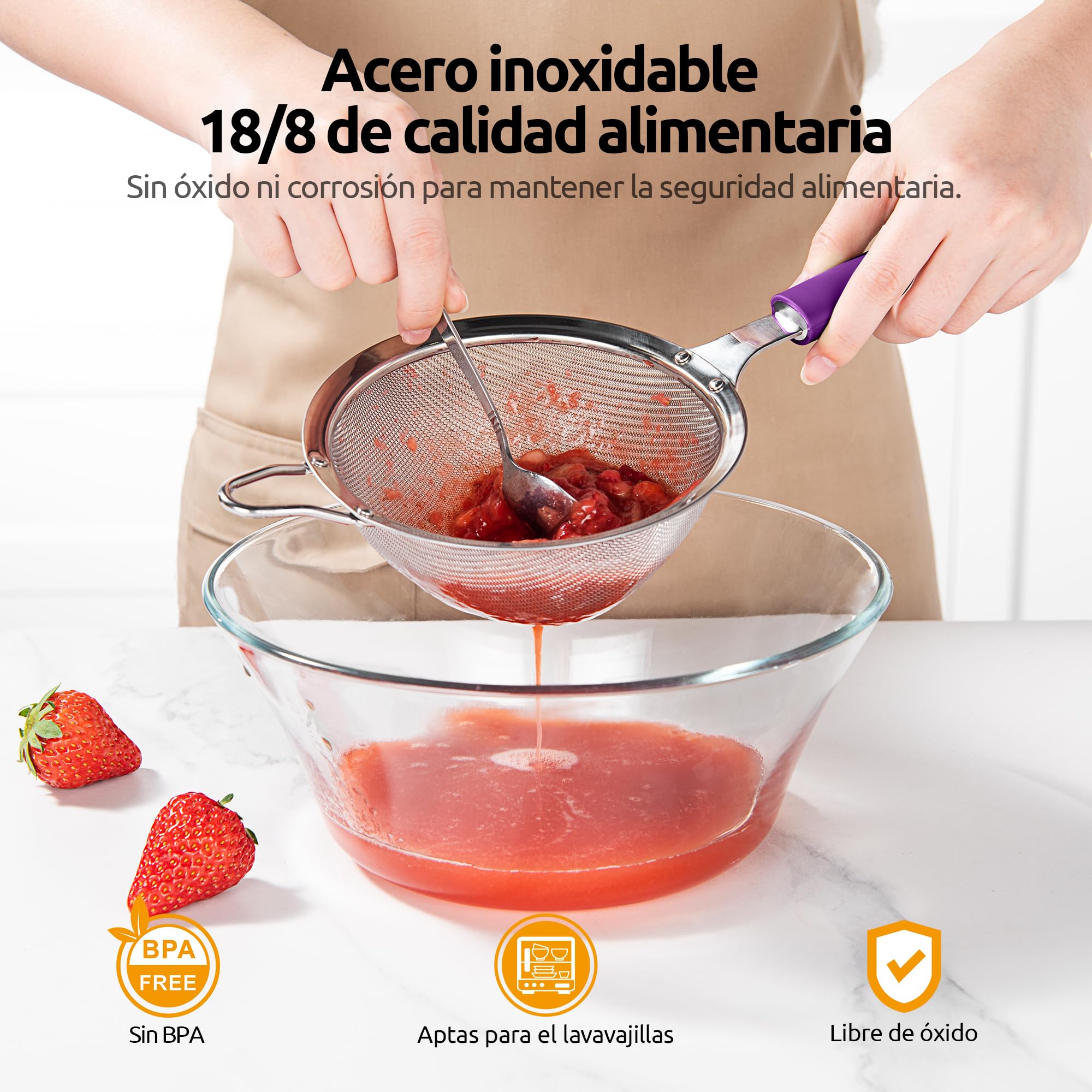 U-Taste Tamiz de malla fina mediana, colador cocina, acero 18/8, Morado | 12cm con mango de silicona resistente remachado, ideal para tamizar harina, colar té arroz quinua
