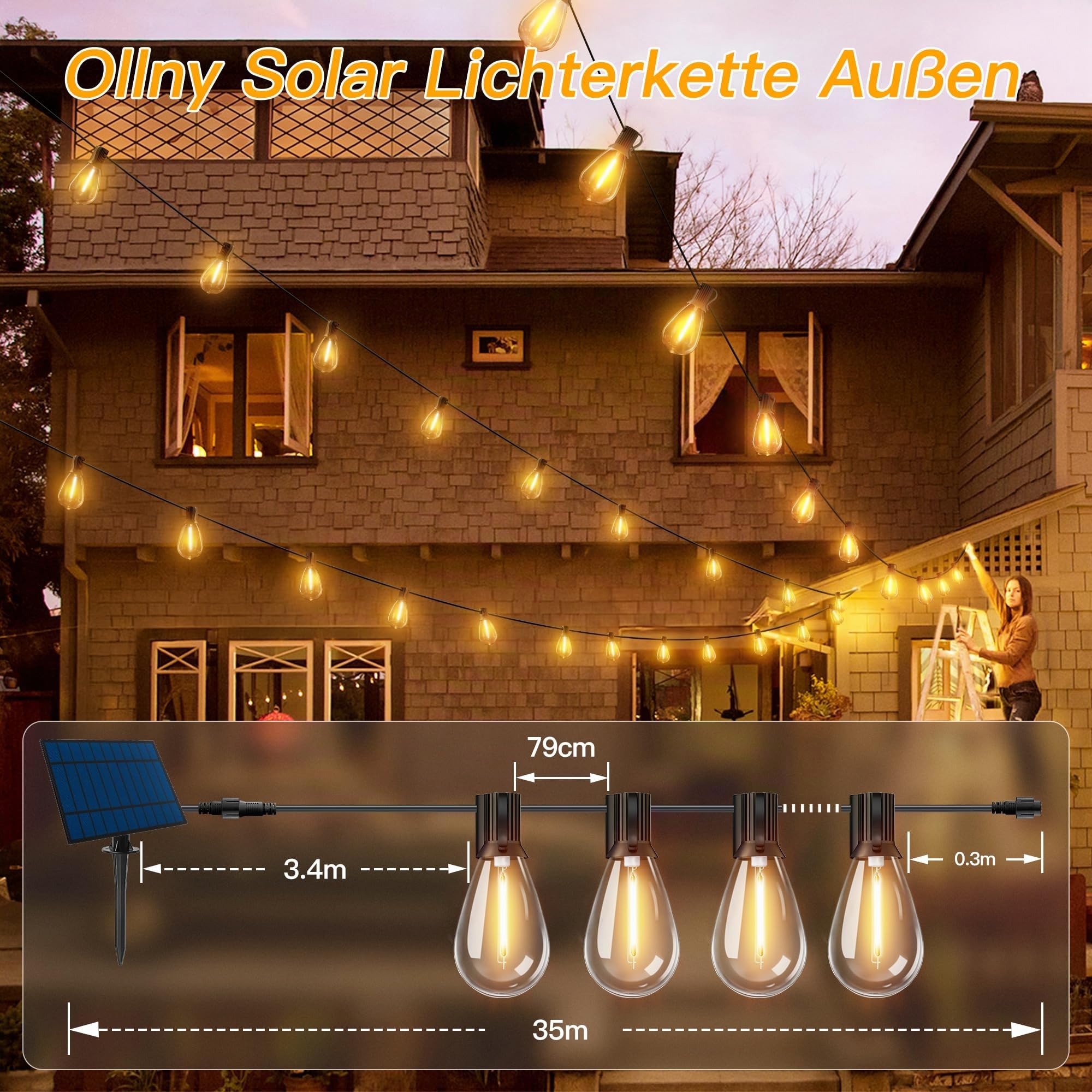 Ollny Ghirlanda di luci solari per esterni, 30 m, 35 + 2 lampadine LED, illuminazione solare S11 con telecomando, 3 modalità, funzione timer, impermeabile IP65, per giardino, balcone, campeggio