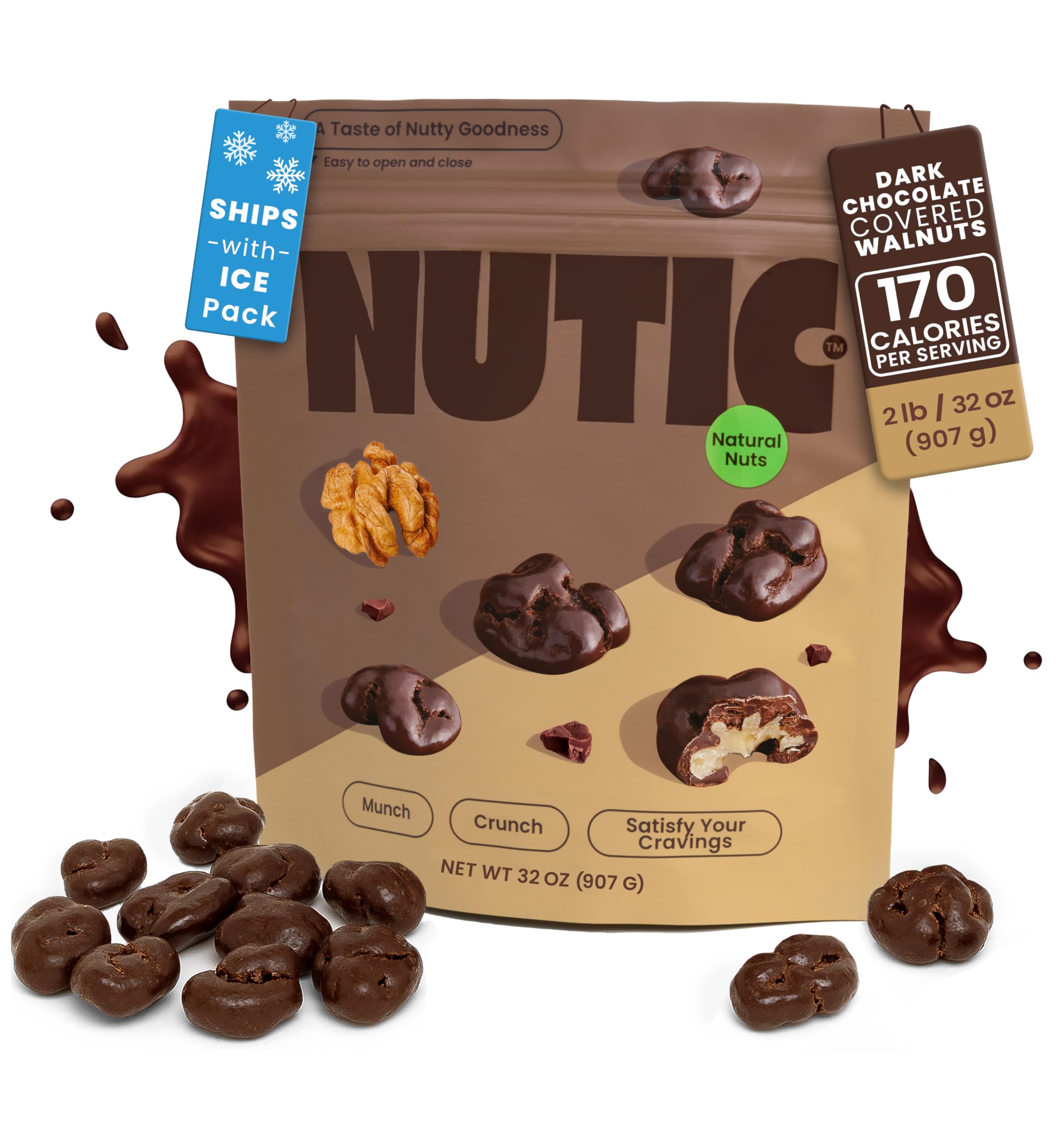 Nutic Dark Chocolate Covered Walnuts - 2 Lb, Premium Roasted Walnuts Drenched in Rich Dark Chocolate, Irresistible Gourmet Treats for Snacks & Gifts, Made in USA - (Pack of 1)