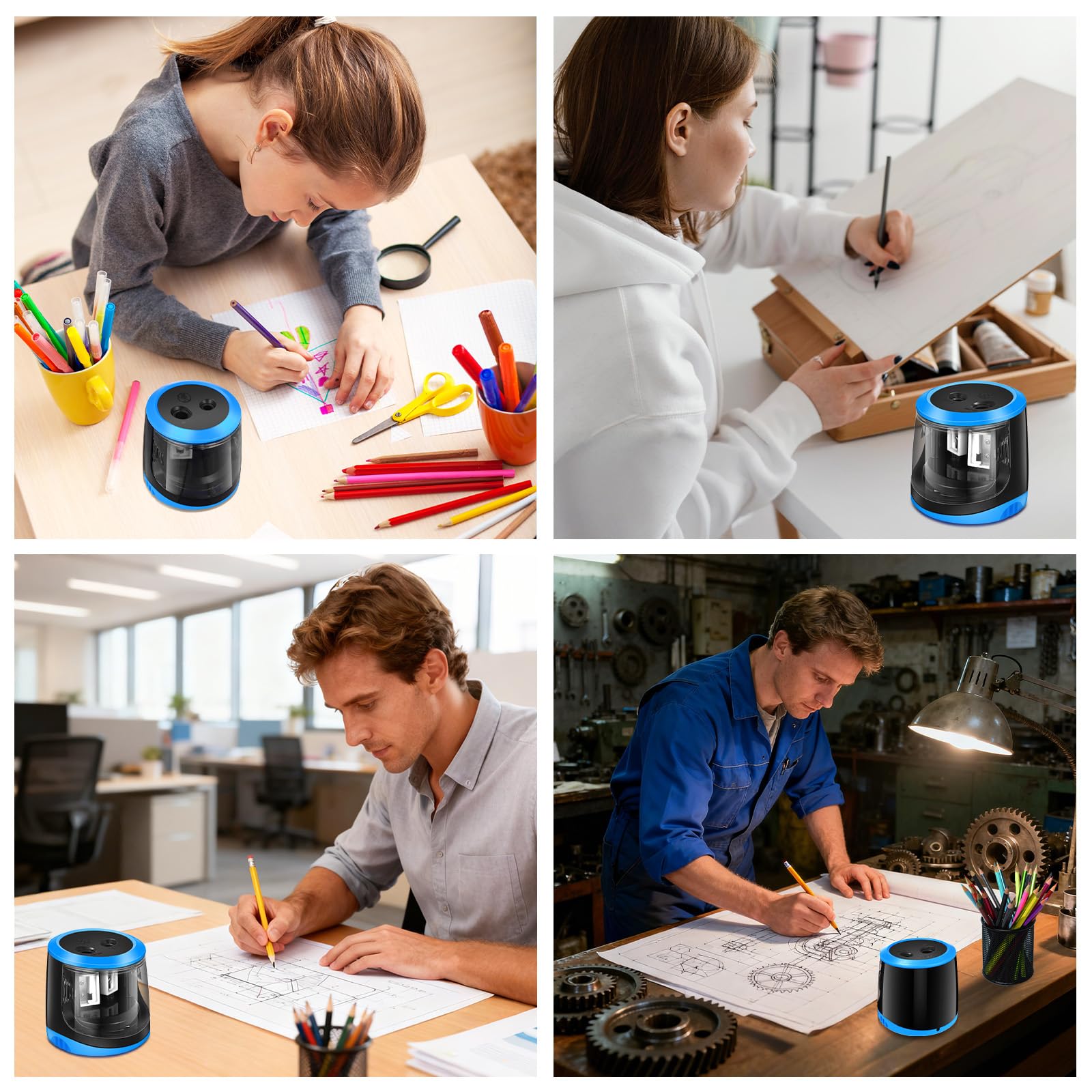 Elektrischer Anspitzer, Anspitzer mit Behälter Elektrisch, Pencil Sharpener Batterie und USB Zwei Mode mit 6 Klingen und 1 Bürste, 2 Größen Bleistiftspitzer Dicke für Kinder (Kreisförmig)