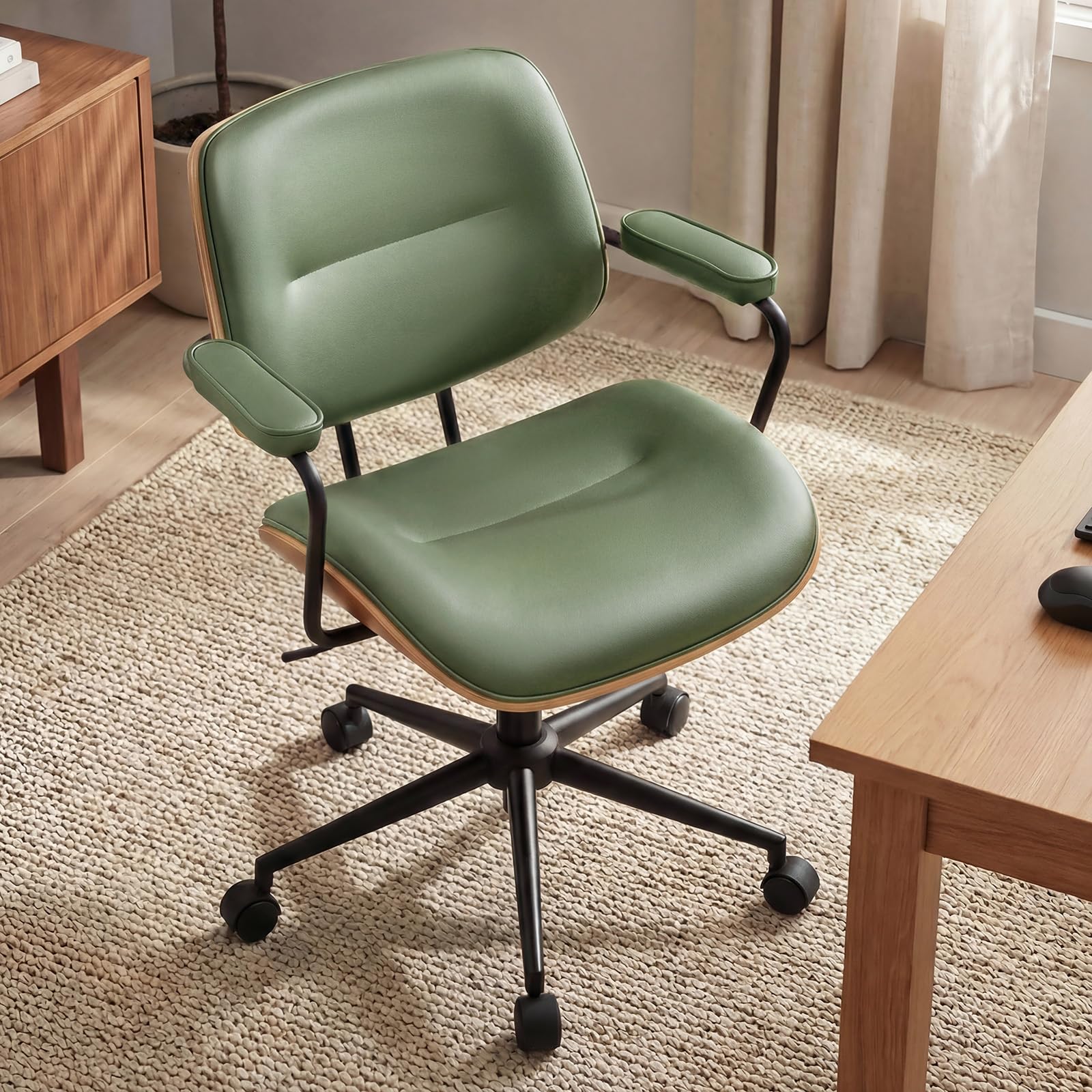 Mid Century Modern Office Chair with Armrest and Adjustable Backrest, Green