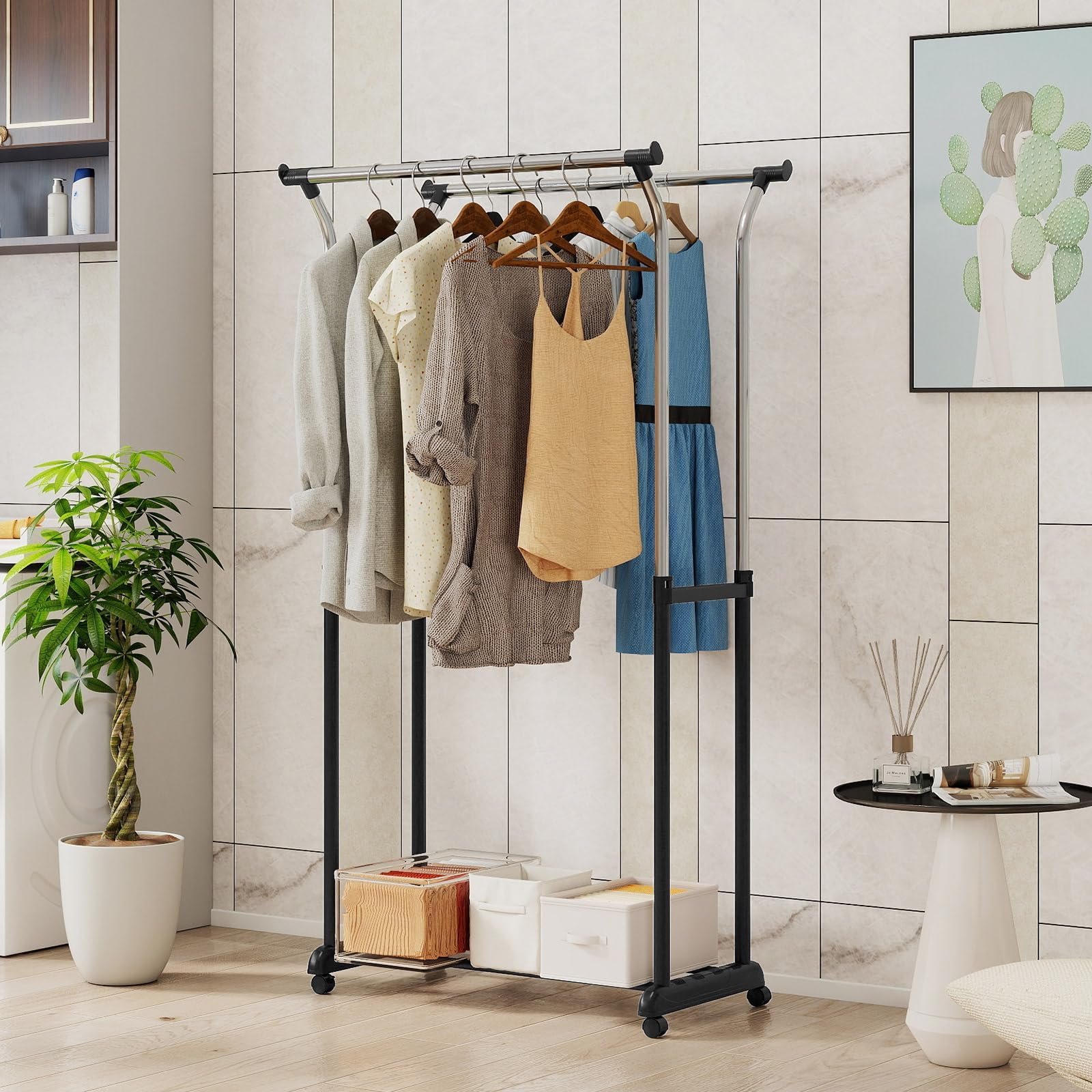 RELAX4LIFE Stand Appendiabiti con Ruote, Doppia Asta in Metallo con Altezza o Larghezza Regolabile, 4/6 Ruote Girevoli con 2 Bloccabili, Appendiabiti Robusto e Portatile, 87,5x51x106-175cm (Stile2)