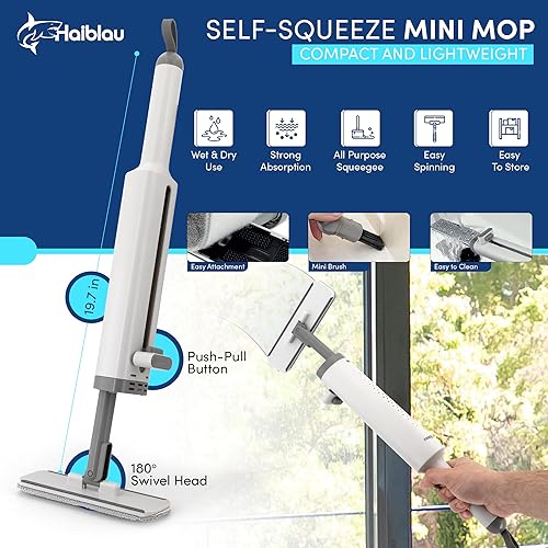 Miniatura 5 de Juego de trapeador plano y escurridor de cubo con mini trapeador automático, limpiador portátil de mano en húmedoseco con almohadillas de