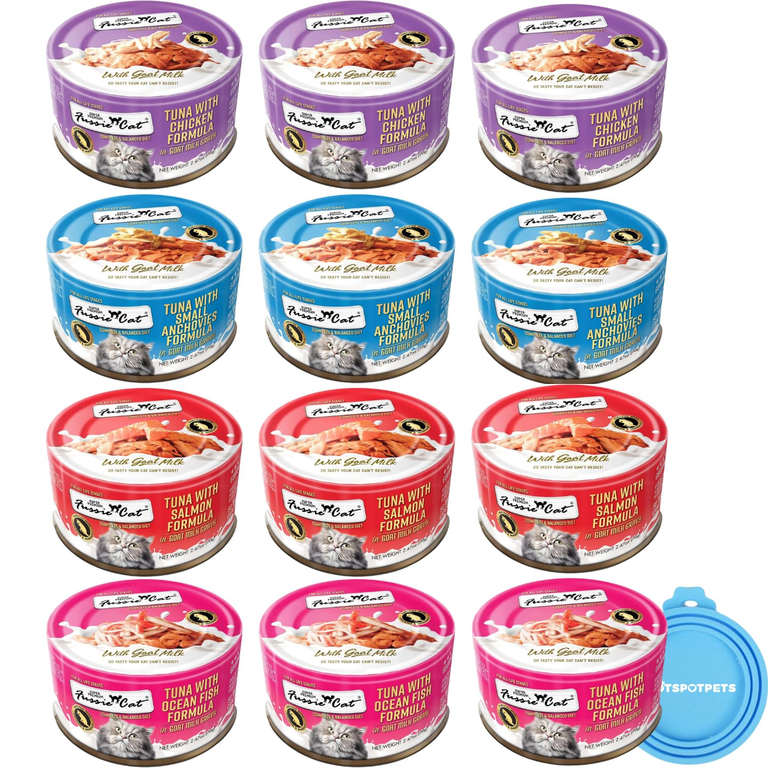 Fussie Cat Super Premium Canned Wet Cat Food in Goat Milk Gravy -2.47 oz Cans - Variety Pack of 12 Cans - 4 Flavors Plus Hotspot Can lid