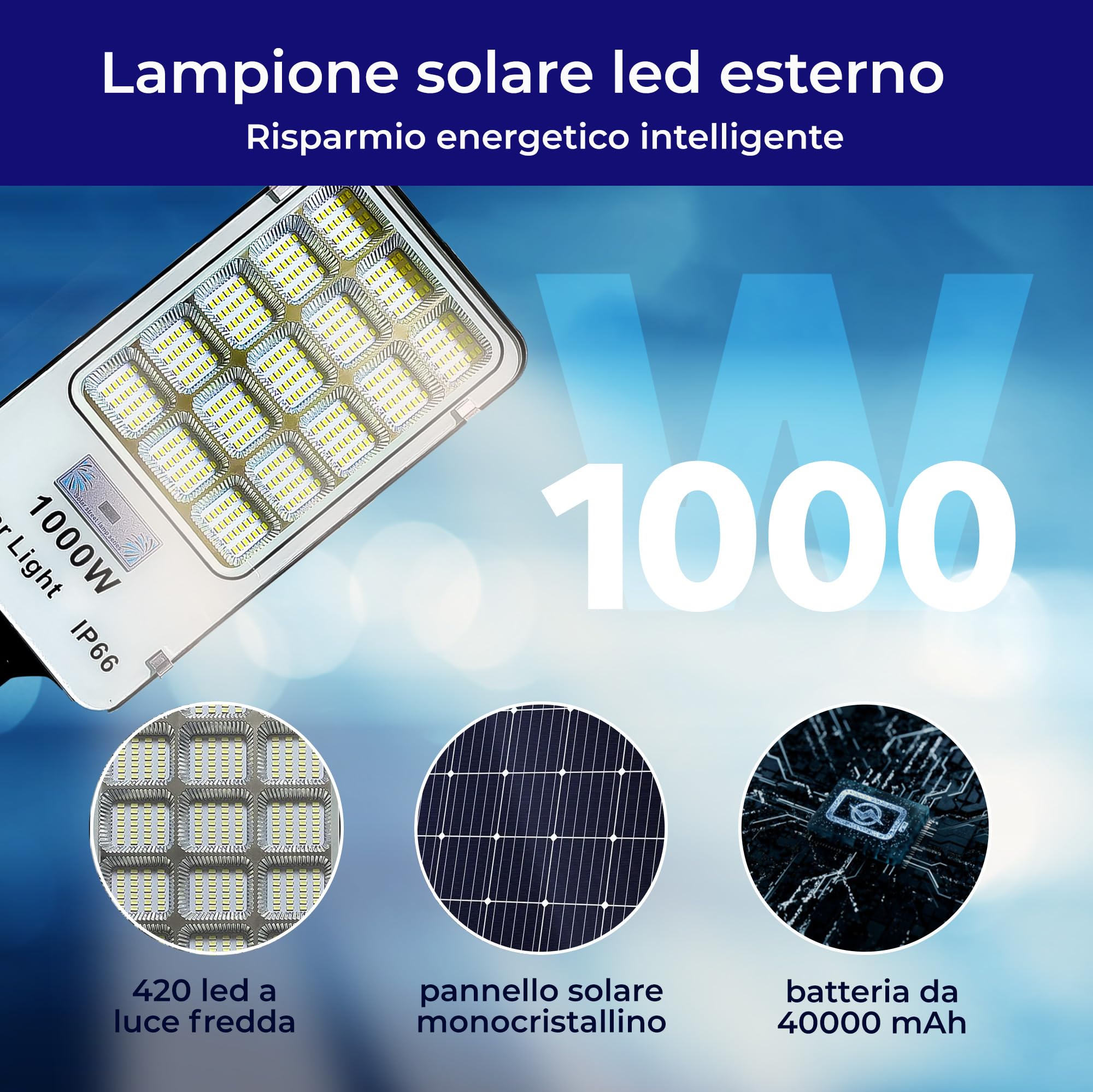 Lampione Solare LED Esterno 1000W con Sensore Crepuscolare e di Movimento, 420 LED 6500K, Telecomando Incluso, Impermeabile IP66, Luce Ultra Luminosa per Giardino, Cortile, Parcheggio