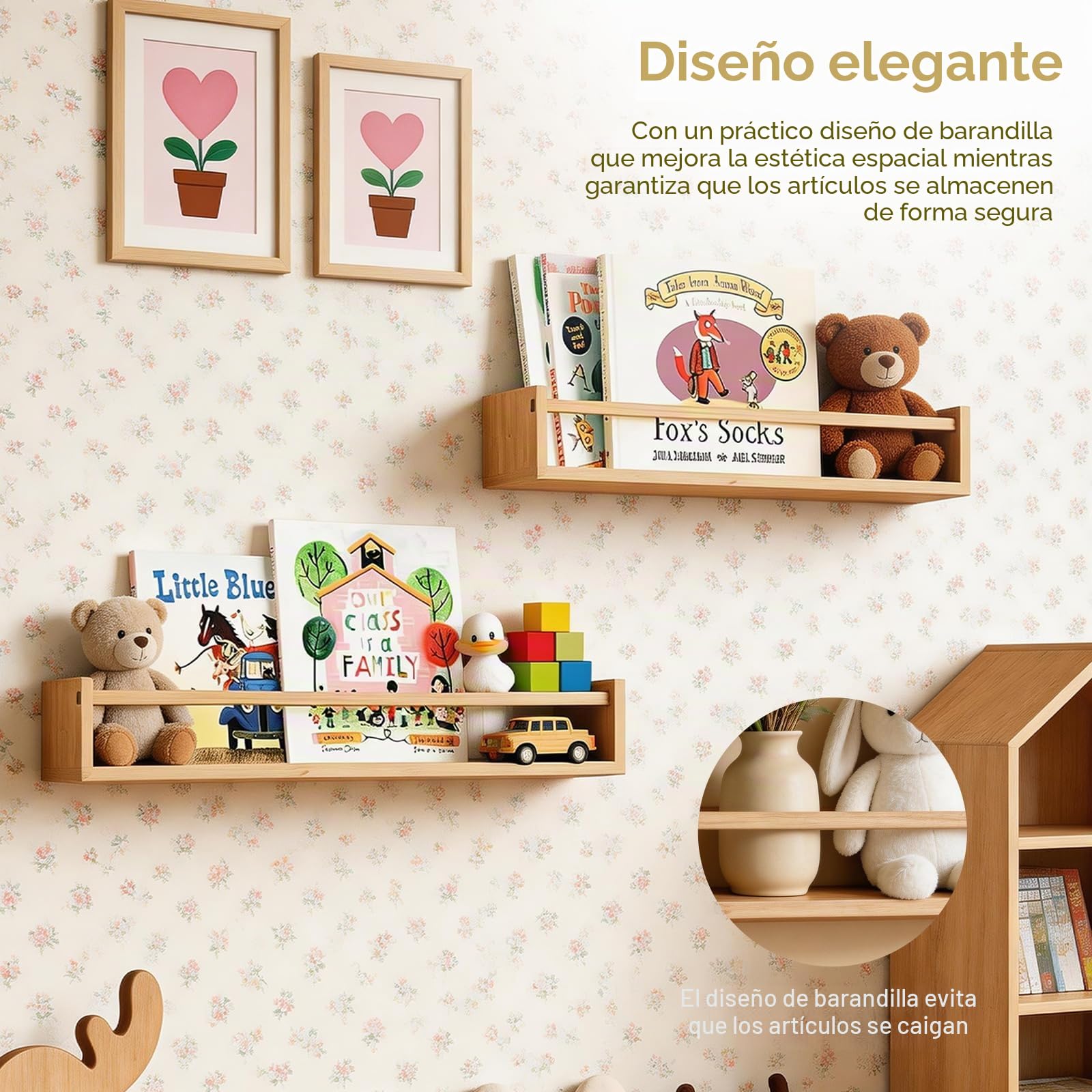 Juego de 4 estantes flotantes de Madera para Libros de Pared para guardería | estante de exhibición montado en la pared para el hogar, dormitorio, habitación del bebé, habitación de los niños