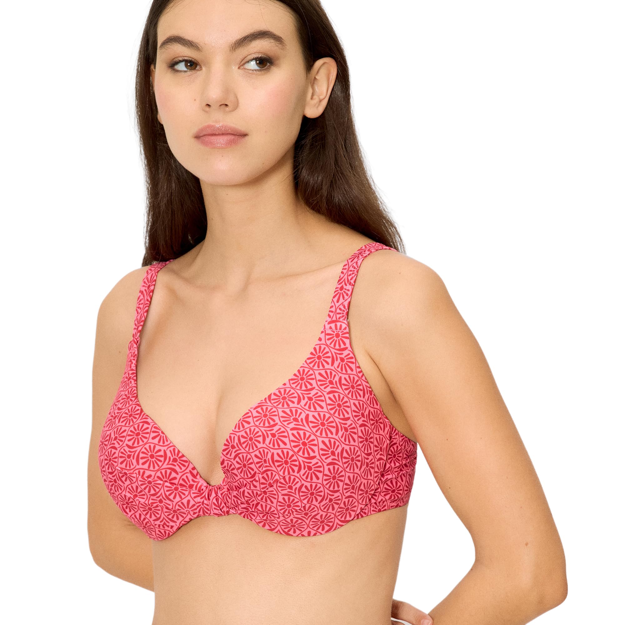 YSABEL MORA. Top Bikini Flores Rosa y Rojo Copa C. Top Aro Copa C. Sujeción Clásica con Aro y Relleno Fijo Optimizada con Tirantes Anchos para Copas Mayores .Colección Cherry.