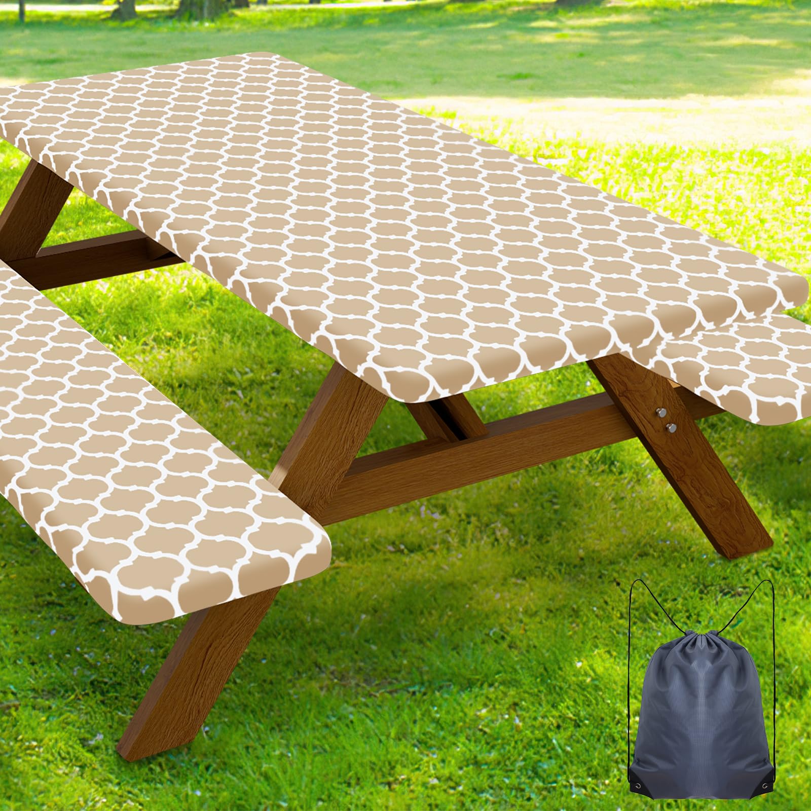 Smiry Picnic Table Cover with Bench Covers, Waterproof Elastic Fitted Tablecloth for 5 Foot Tables, Washable Polyester Tablecloths for Camping, Indoor &amp; Outdoor (Khaki, 30x60 Inch 3-pc Set)