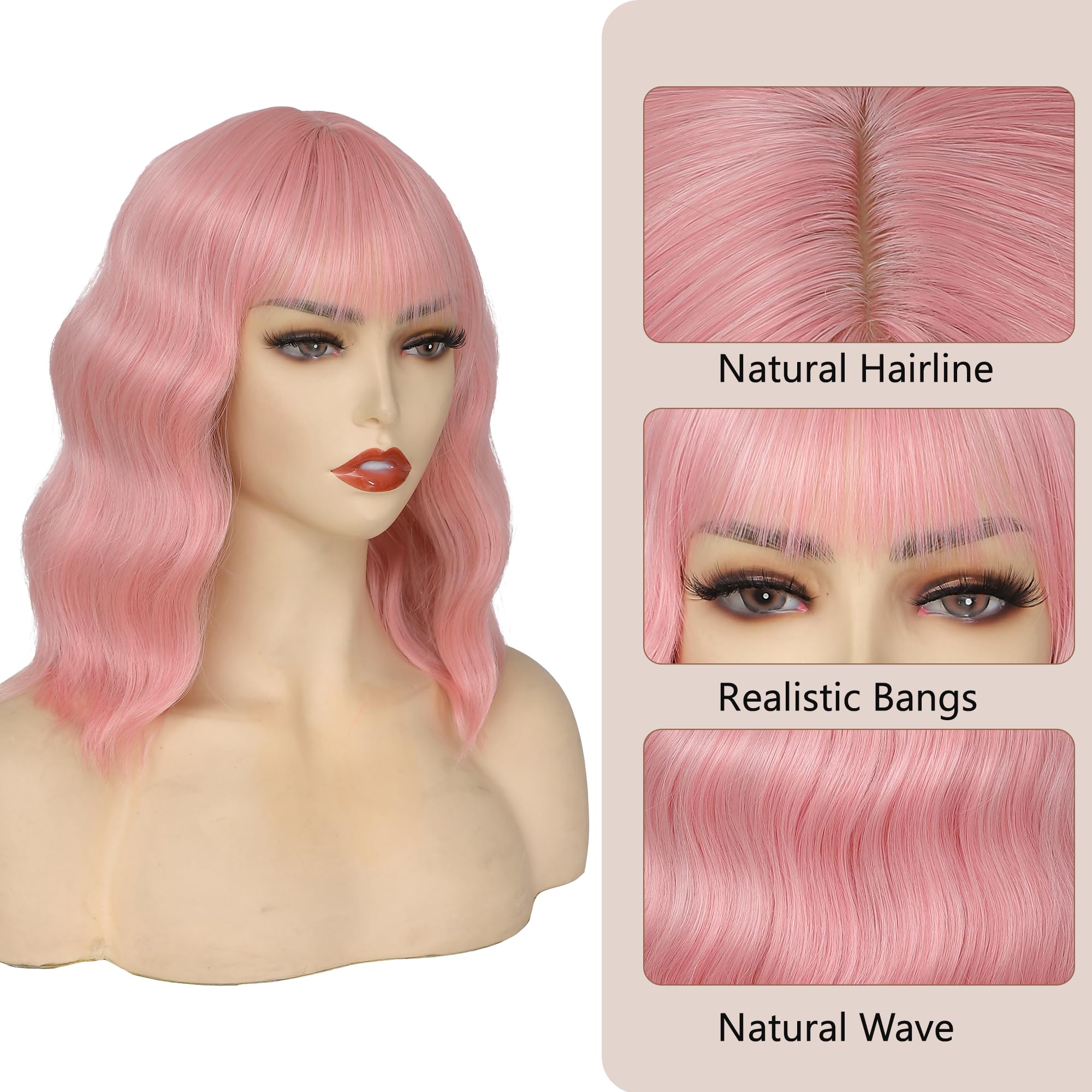 Miuric Light Pink Wig for Women Short Pastel Wavy Wigs Curly Bob Wigs with Bangs Shoulder Length Colorful Synthetic Wigs for Cosplay Costume Party Daily Use(14 Inches)