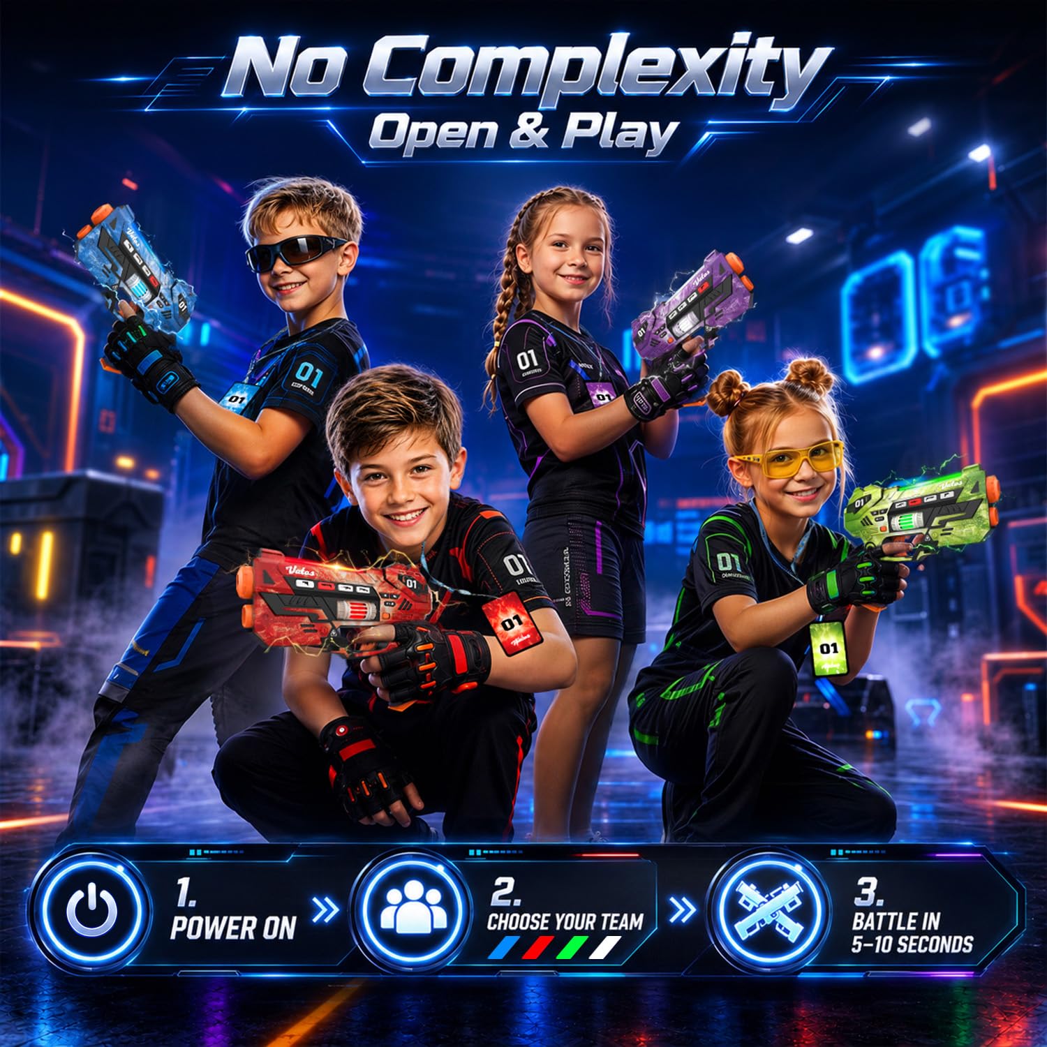 VATOS Set Laser Tag Rechargeable avec Base de Charge et Cartes Énergie, 4 Pistolets Laser avec Écran LCD et Synchronisation 2,4 GHz, Jeu Laser Intérieur/Extérieur pour Enfants, Ados et Famille