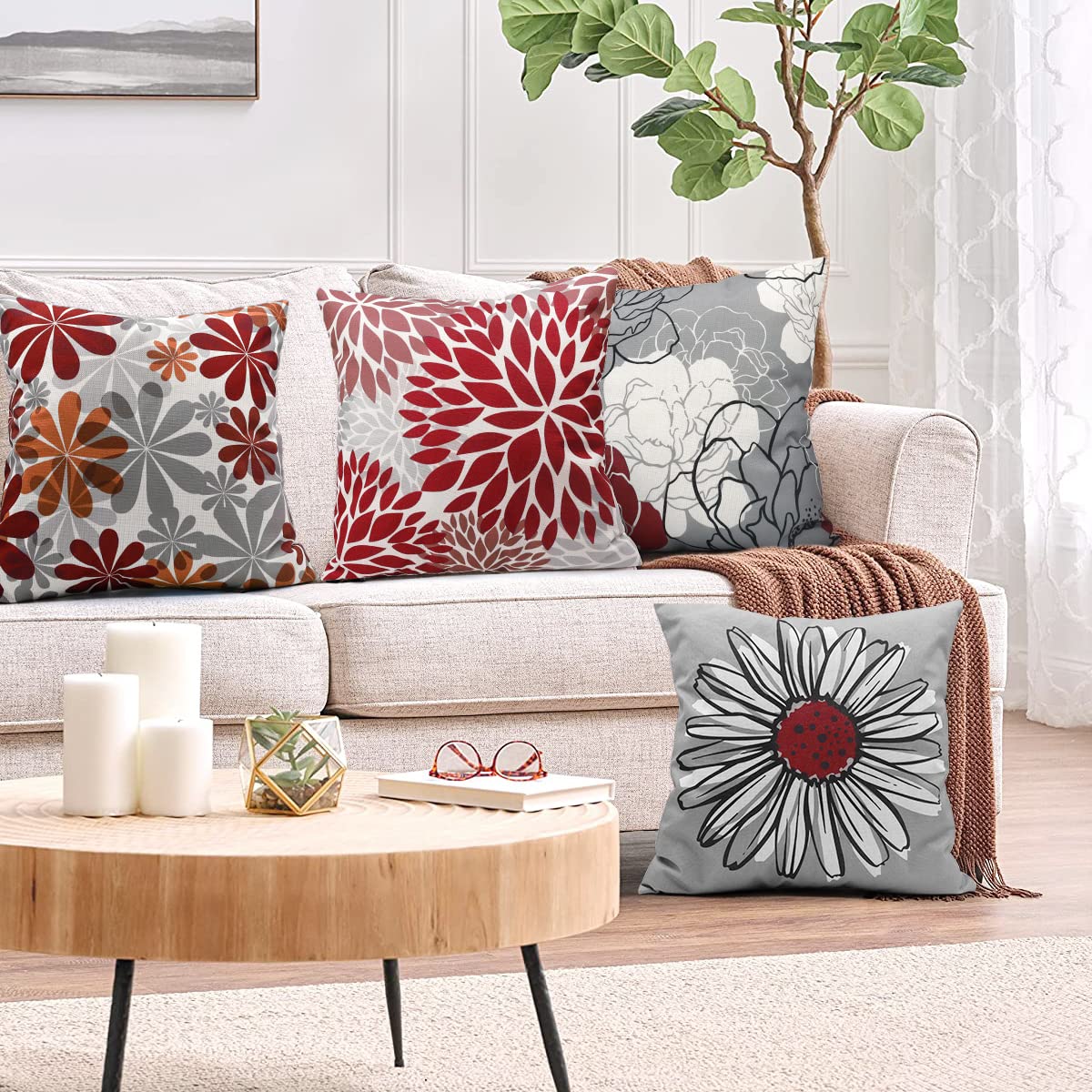 Housses De Coussins 50 X 50 Lot De 4 Taies D'oreiller Décoratif Bohème Abstrait Petite Marguerite Lin Gris Housse Coussin Pour Canapé Lit Et Chaise De Meubles Modernes