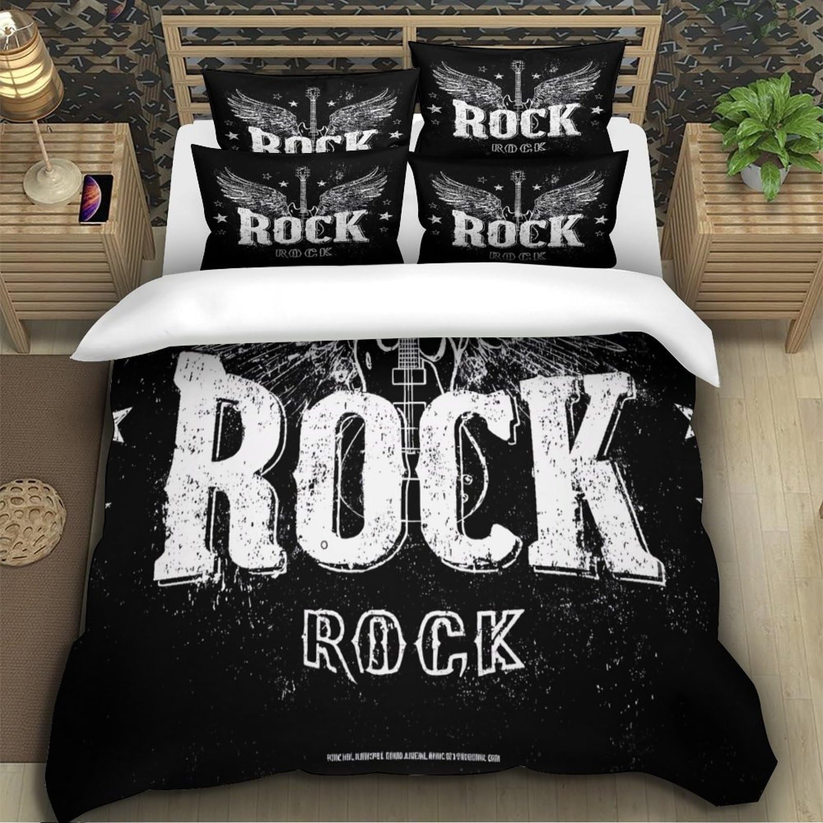 Rock guitar wingsSet Di Copripiumino morbida 3 Pezzi stampa di 3D con cerniera Vintage rock poster copripiumino con federa traspirante for bambini adulti ragazzi Super king（260x220cm）
