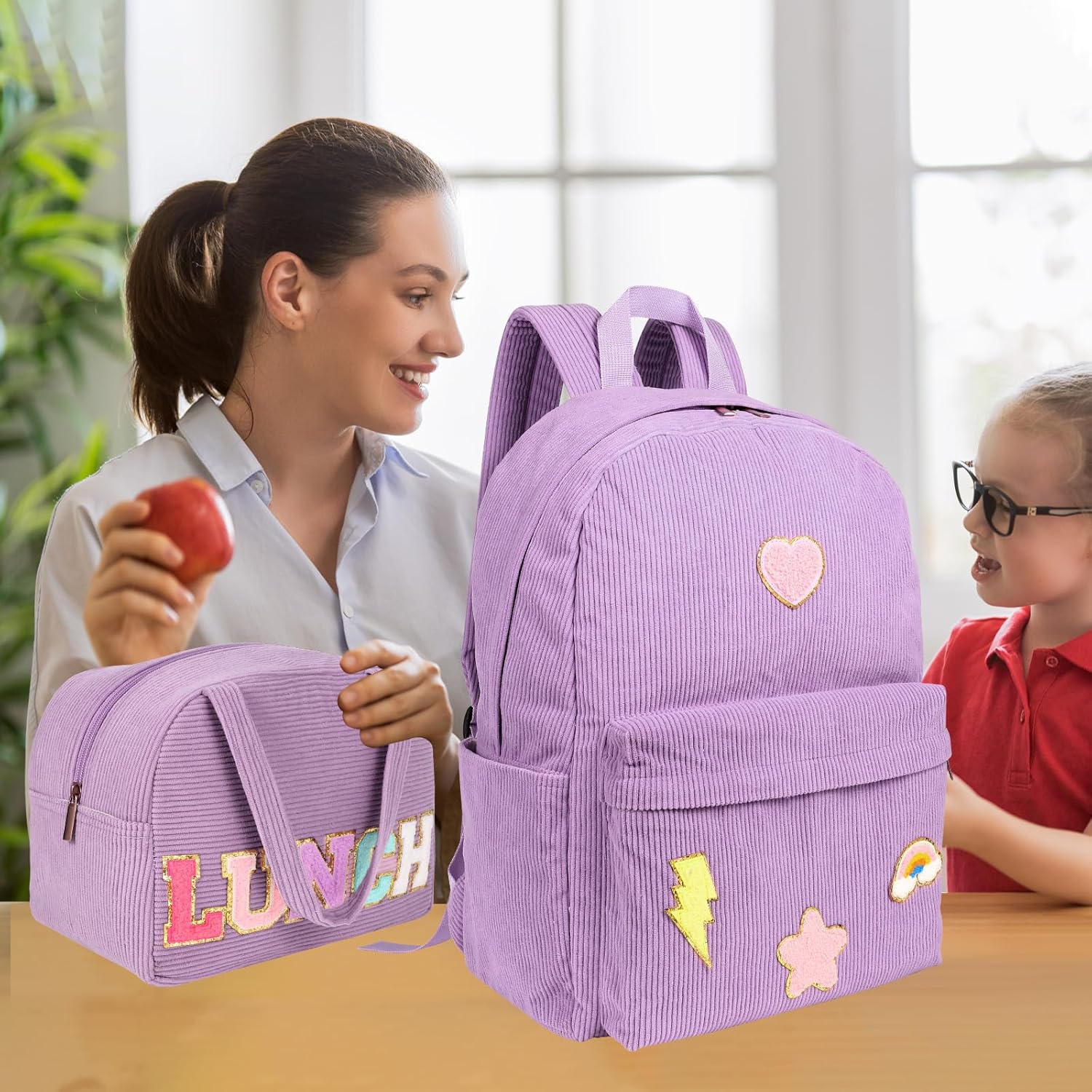 Kolewo4ever 3 Pieces Corduroy School Backpack Set Preppy Book Bookbag Corduroy Chenille Letter Bookbag with Lunch Bag and Pencil Pouch for Teen Girls Women Laptop Backpack College Bookbags - Image 7