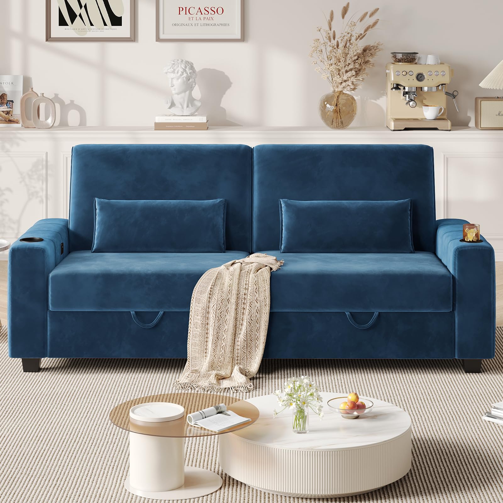 COPIAE Loveseat Sofa, Larger Couch Velvet Fabric with Storage, Charging Ports, Heightened Backrests, Removable Cover Modern Comfy Couches Easy