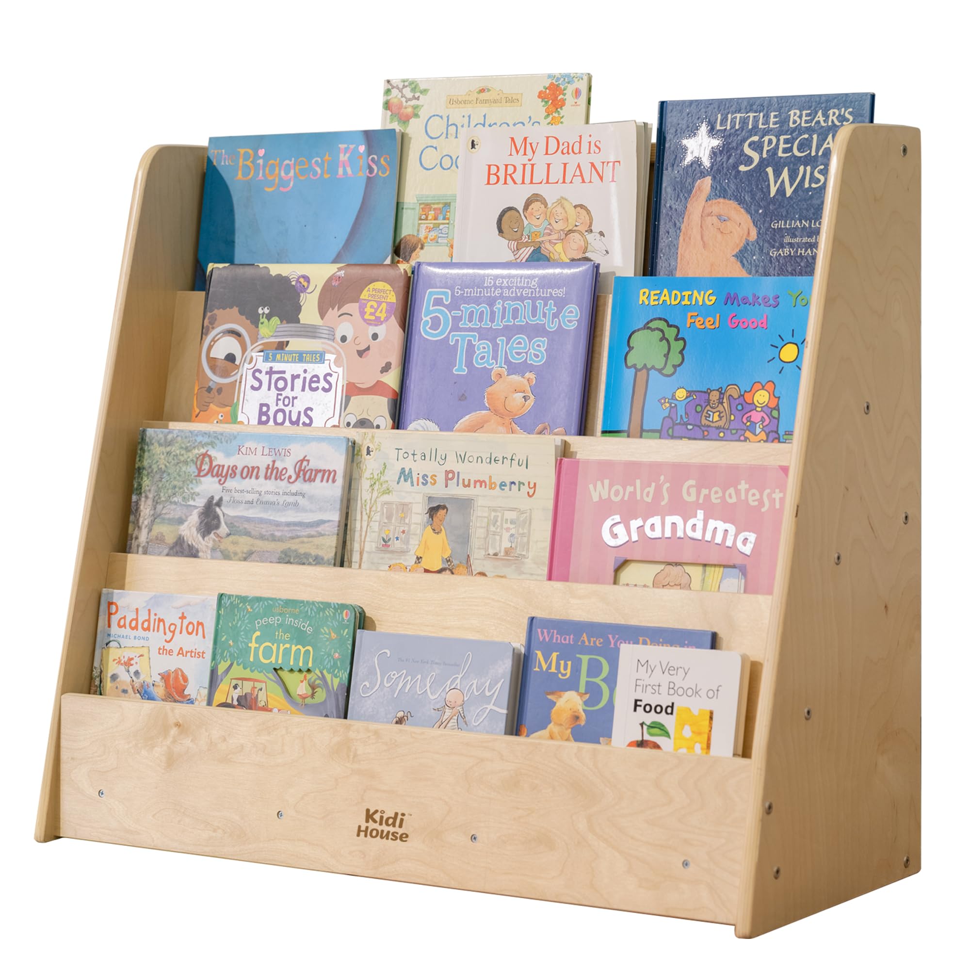 Kidi House Wooden Kids Bookshelf, Montessori 4-Tier Toddler Bookcase, Birch Baby Single-Sided Book Shelf for Kids Rooms, Nursery, Bedrooms, Study Rooms