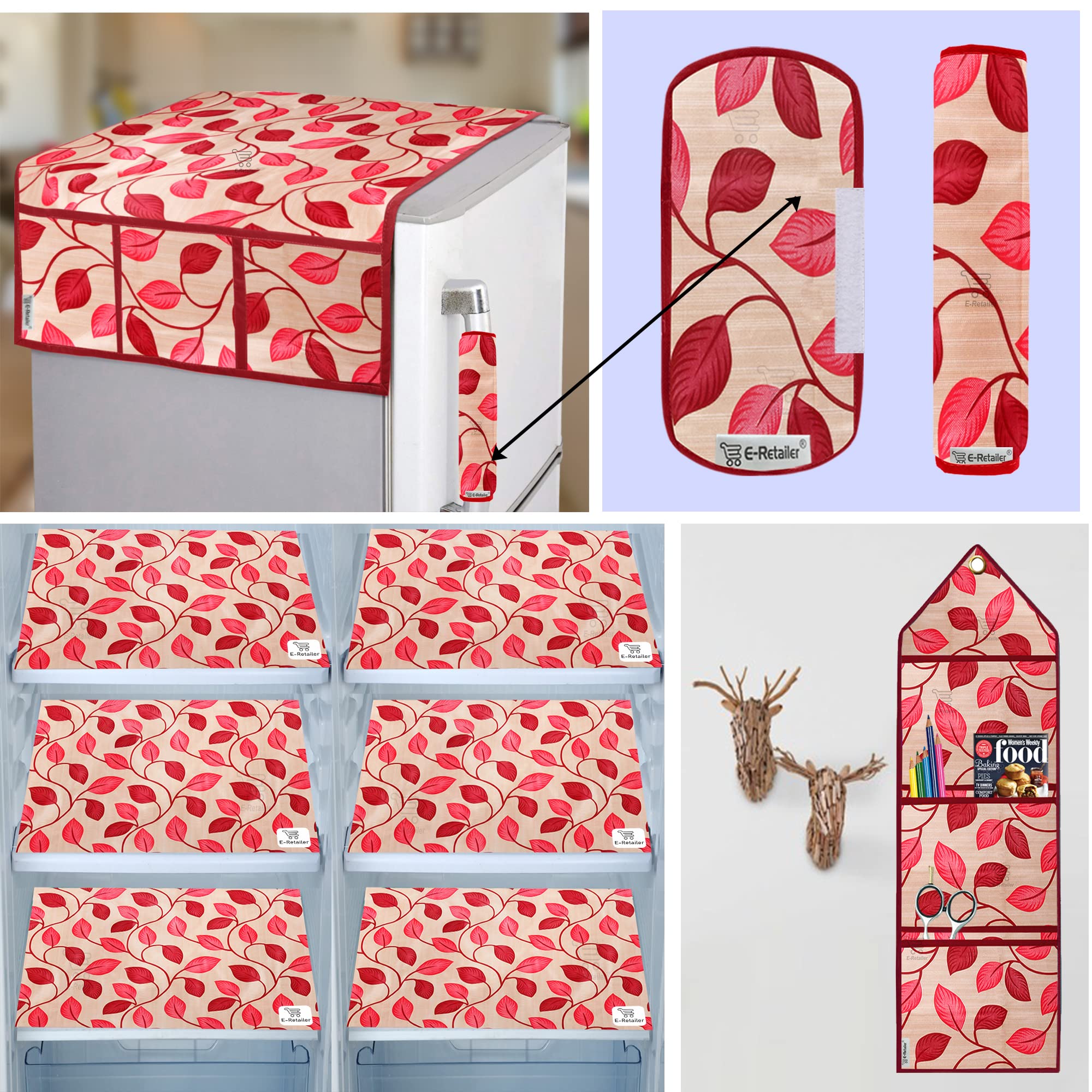 E-Retailer® Exclusive Combo Set of Appliance Cover (1 Pc. Refrigerator Top Cover, 2Pc. Handle Cover, 6 Pc. Fridge Mat, 1Pc Wall Hanging Storage Oarganizer) (Geometric Brown, Set of 10 Pcs.)