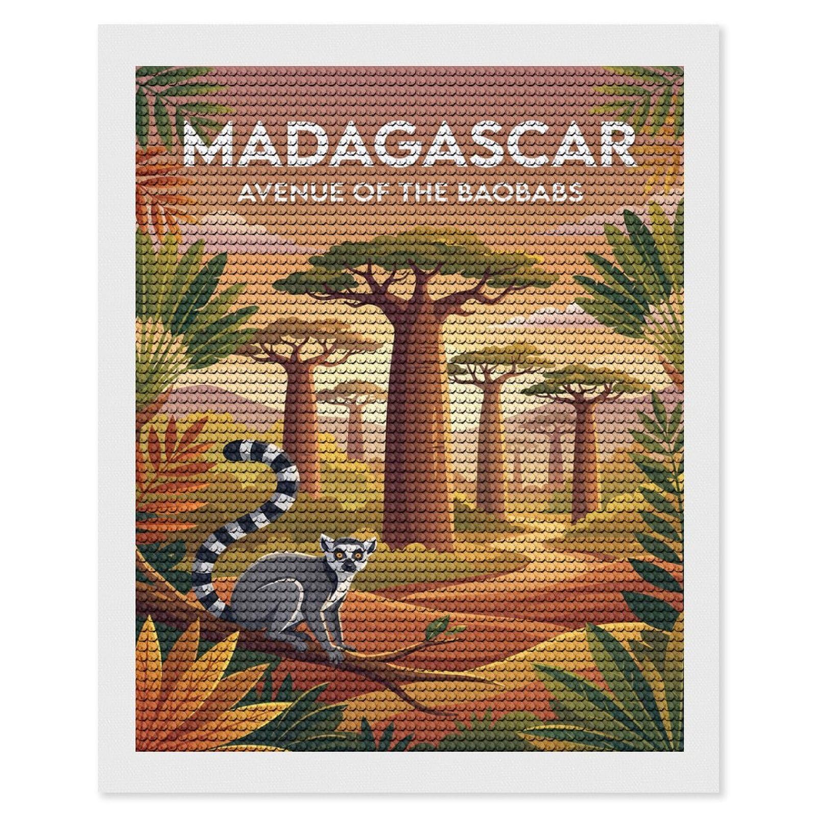 Junmoney Madagascar Avenue of The Baobabs Lemur Diamond Painting Kit 16"x20", Easy Handmade Project, Easy to Enjoy, Aesthetic Room Decor, Christmas Gift