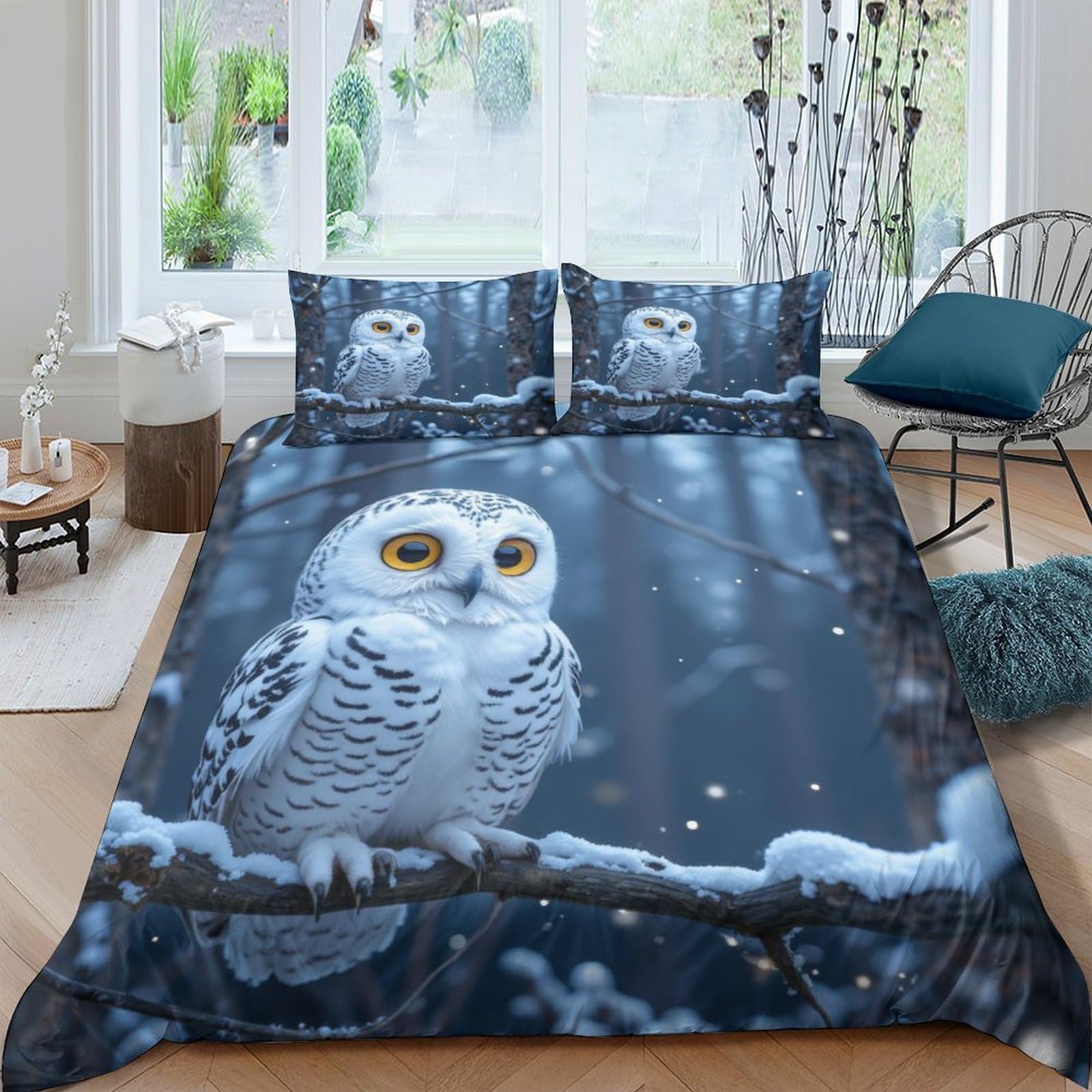 Ctjqhvkz Style-6 3D Printed Snowy Owl Fitted Sheet Microfiber Soft Blue Night Forest Bed Sheet Bedroom Guest Room Decor Single（135X200cm）