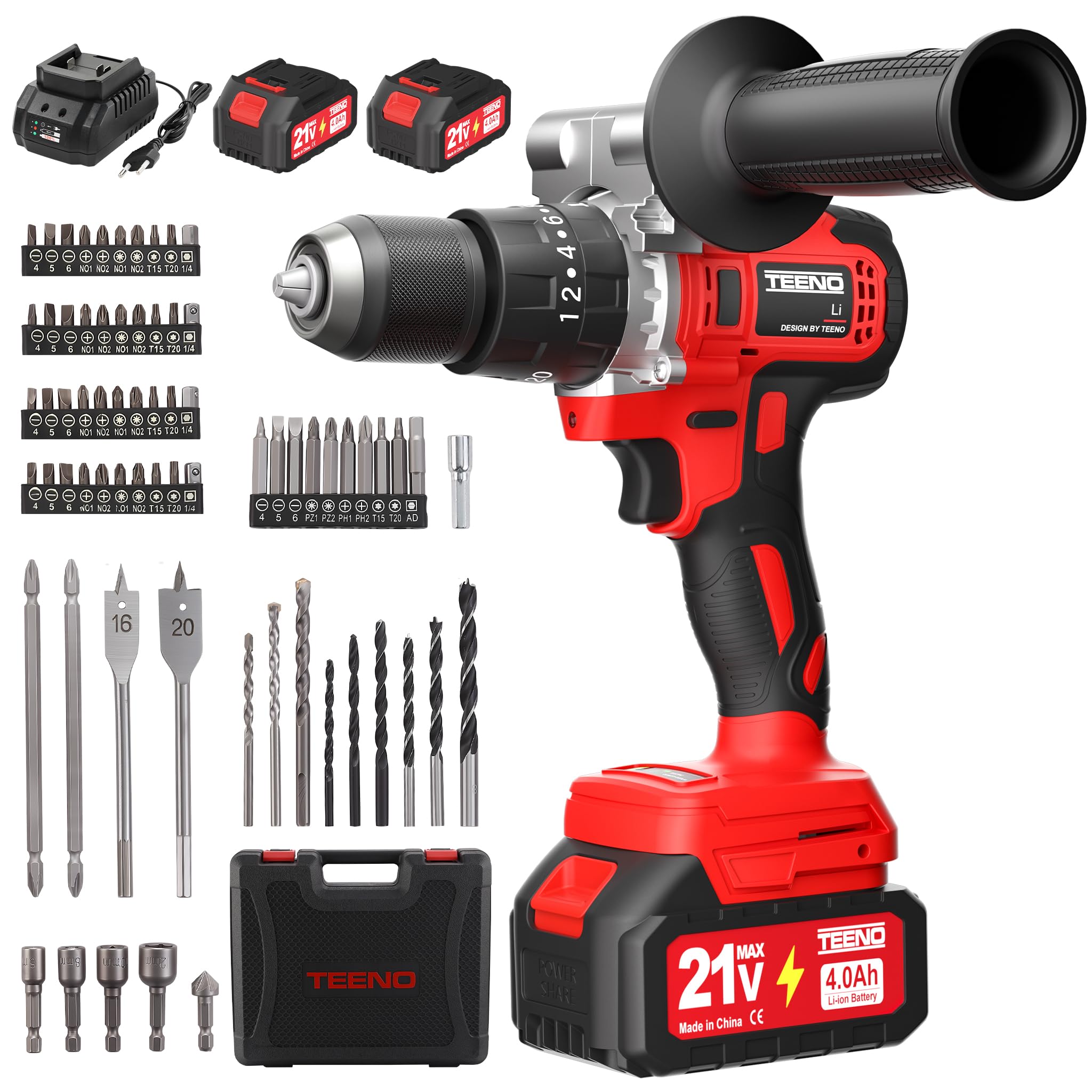 TEENO Cordless Drill Driver for Makita Battery 21 V 2 x 4.0 Ah Batteries, 130 Nm Hammer Drill Battery, 20 + 3 Pair Settings, 2 Speeds, LED, 76 Accessories and Case