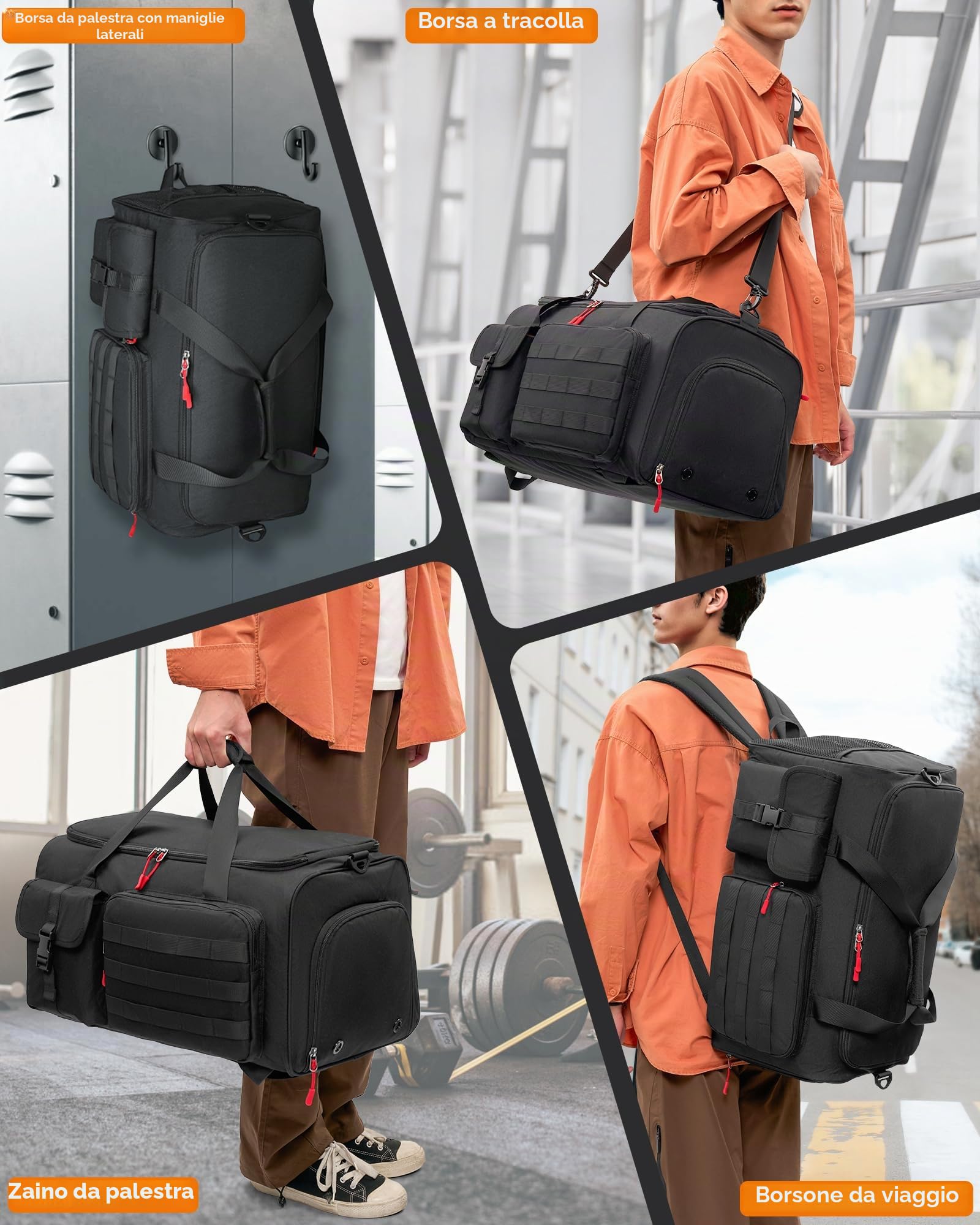 RAINSMORE 3 in 1 Borsone Palestra Uomo Donne Borsa Sportiva 45L Borsone Da Viaggio Grande Bagaglio a Mano con Scomparto Scarpe e Laptop Funzione Zaino
