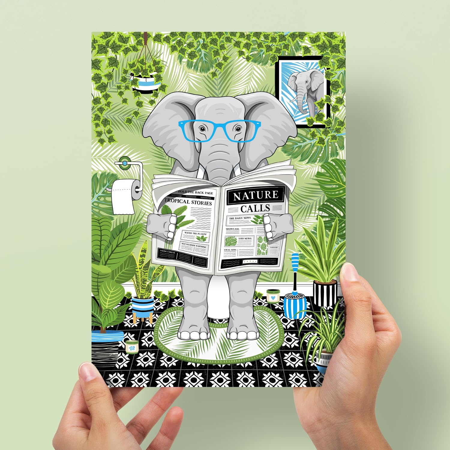 Parmaro Elephant Reading Newspaper Bathroom Print, A4 UNFRAMED Animal Print, Green Botanical Tropical Bathroom Decor - Image 3