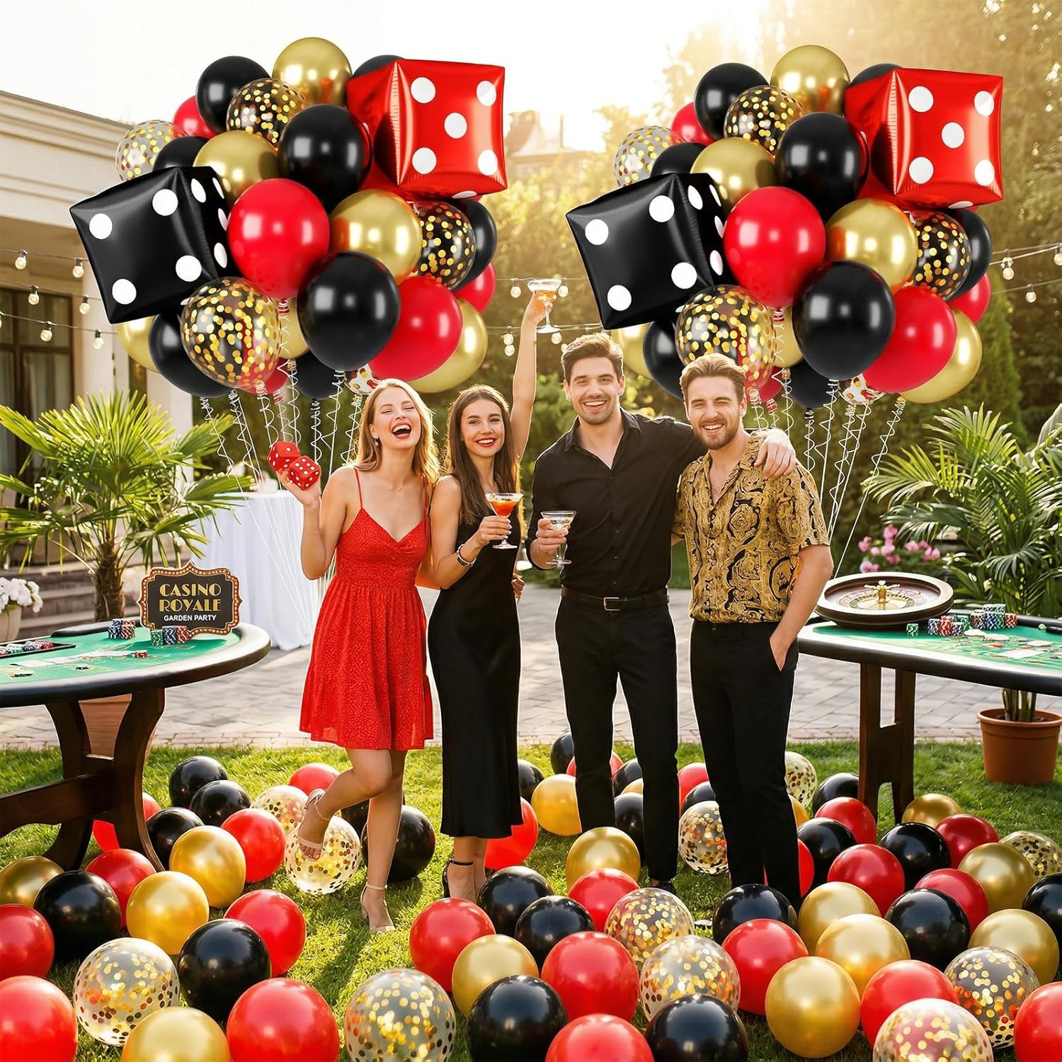 Red Black Gold Balloon, 22 Inch Dice Foil Balloons, Metallic Gold Confetti Balloons for Dice Game Night Carnival Theme Birthday Party Decorations