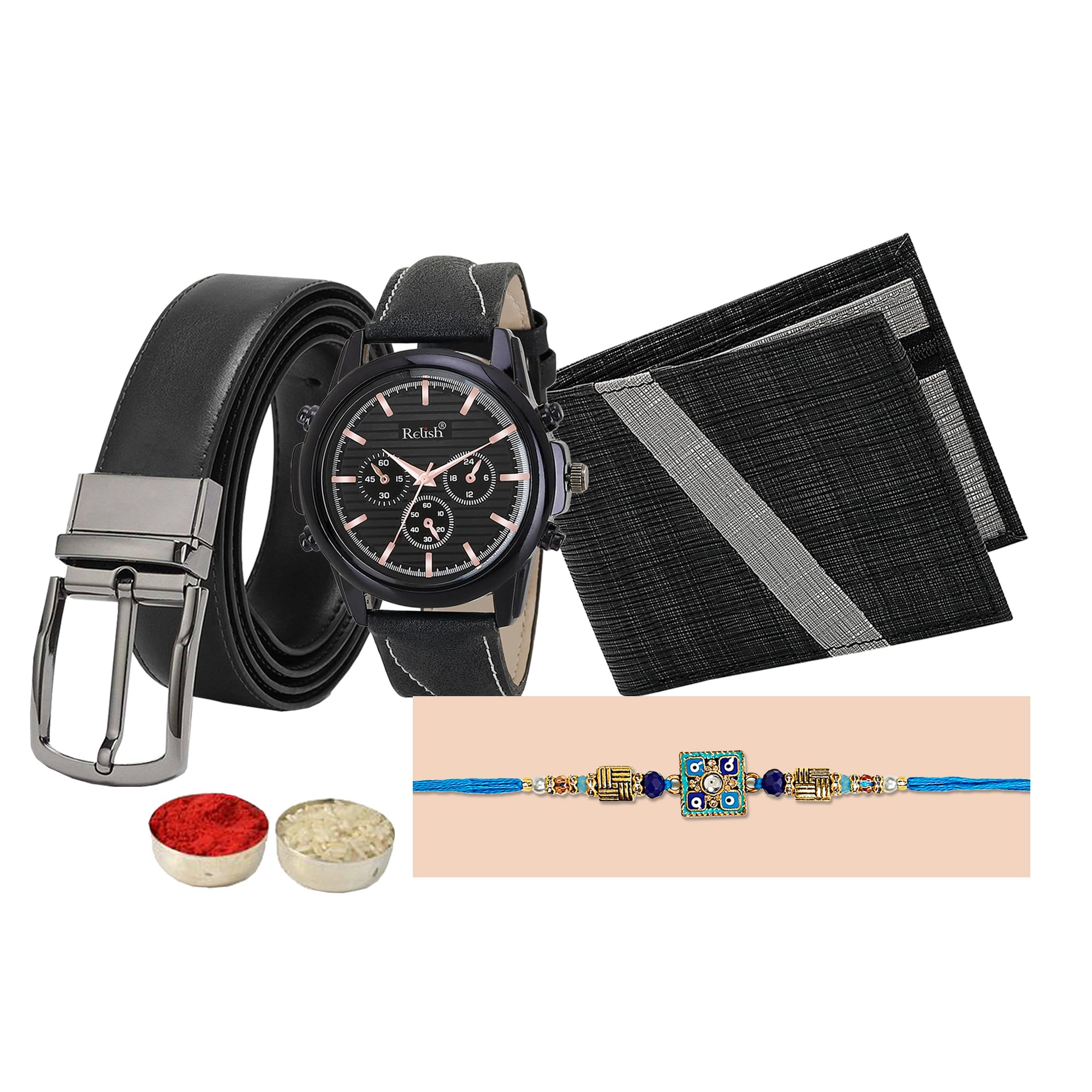 Relish Raksha Bandhan Combo Black Watch, Wallet, Belt, Designer Rakhi and Roli Chawal Gift for Brother Gift Set (B0C5JLW684) Amazon Price History, Amazon Price Tracker