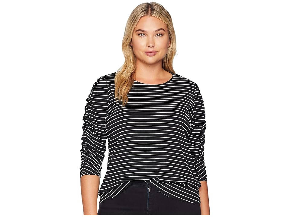 

Vince Camuto Specialty Size Plus Size Ruched Long Sleeve Thin Ribbed Stripe Top (Rich Black) Women's Clothing