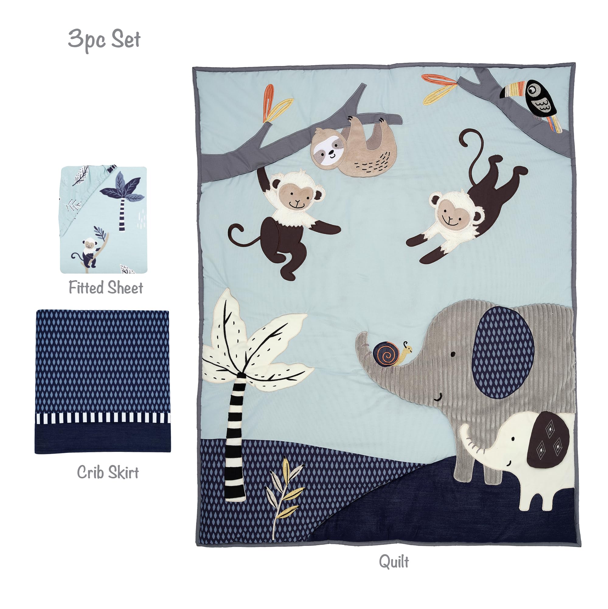 Lambs & Ivy Jungle Party - Juego de ropa de cama de 3 piezas para cuna de bebé con elefante/mono