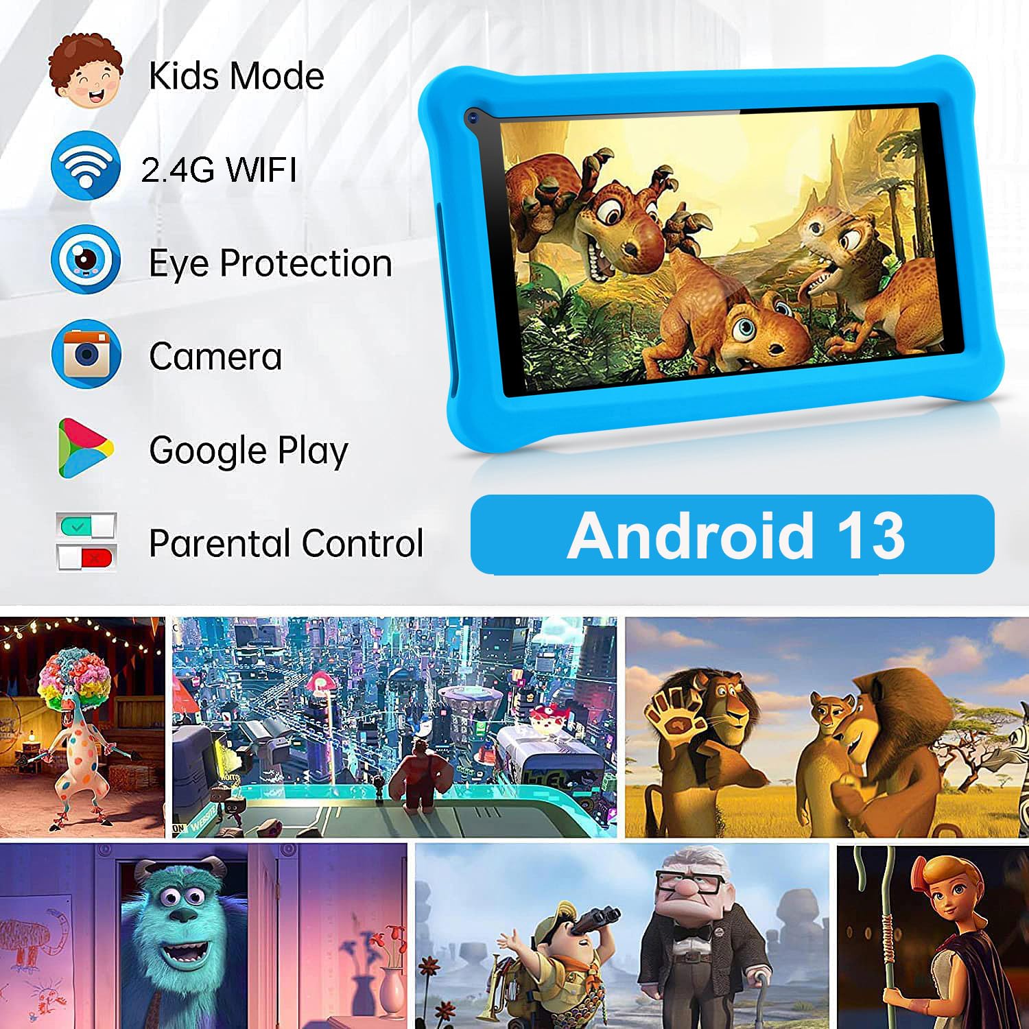 Tablet per bambini 7 Pollici Android 13 Tablet con Controllo Parentale, 8GB RAM+64GB ROM(128GB Espandibile), Doppia Fotocamera, Bluetooth, App preinstallate per Kids Tablet PC con Custodia (Blu)