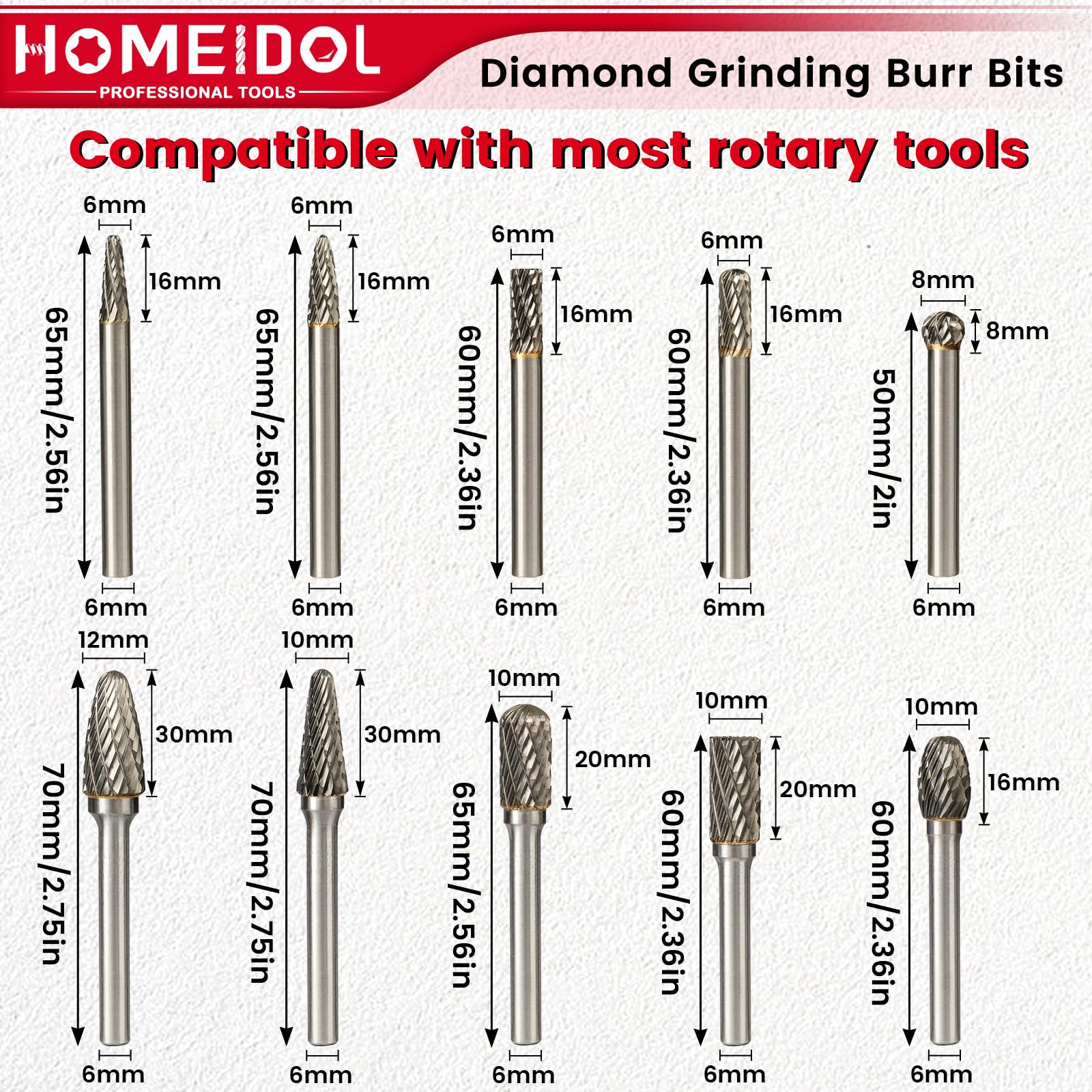 JUSTOOL 10-Piece Carbide Burr Set – 1/4" Shank, Double Cut Tungsten Rotary Bits For Wood, Metal, Carving, Engraving & Deburring