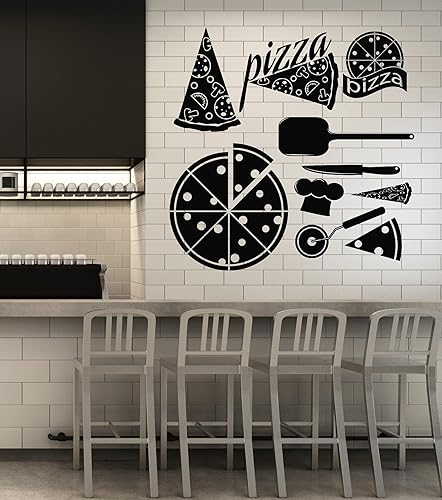 Calcomanía de pared de vinilo para pizza, rebanada de pizza, sombrero de chef, calcomanías de menú, decoración grande (g7996) negro