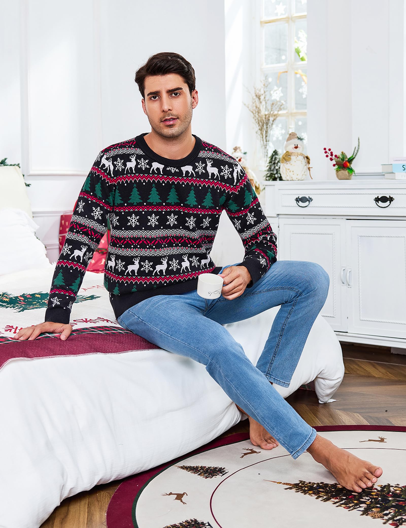 Gyabnw Jersey de Navidad Hombre de Punto Manga Larga Cuello Redondo