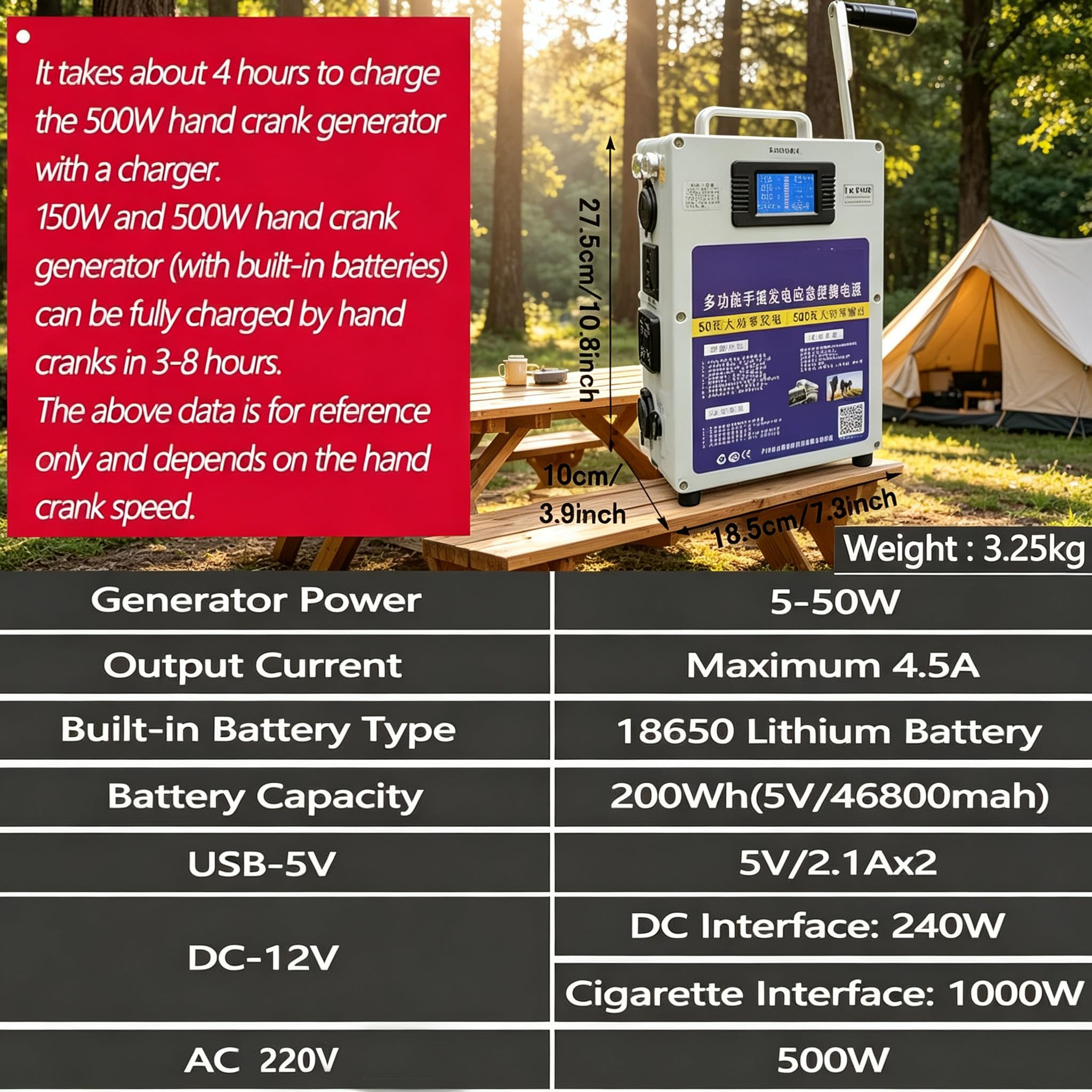 Generador De Manivela De 500 W, Generador De Manivela De 200 WH, Estación De Energía Portátil con Enchufe, 220 V Ca/CC/USB/, para Senderismo, Camping, Exterior, Emergencia
