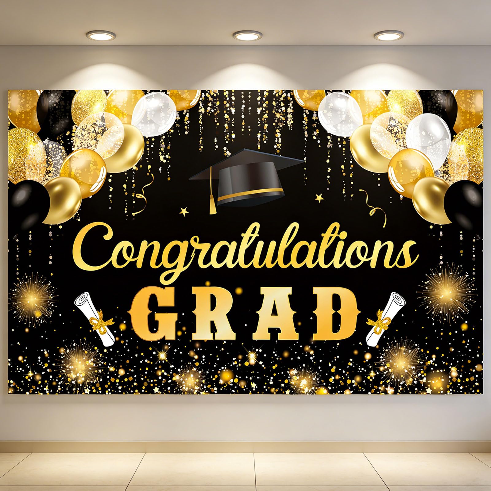 Photo 1 of 2026 Congrats Grad Banner - XtraLarge Size 72x44 Inch Graduation Banner - Congratulations Banner for Graduation Decorations 2026 - Black and Gold Party Decorations - Photo Booth Props Backdrop