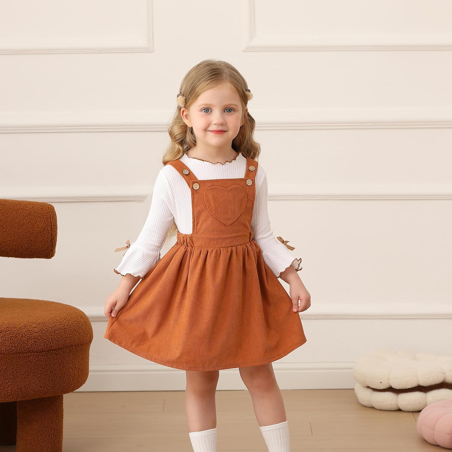 Toddler Baby Girl Fall Overall Dress 3/4 Flare Sleeve Shirt Corduroy Skirt Jumper 2Pcs Autumn Outfit Sets 1-5T - Image 2