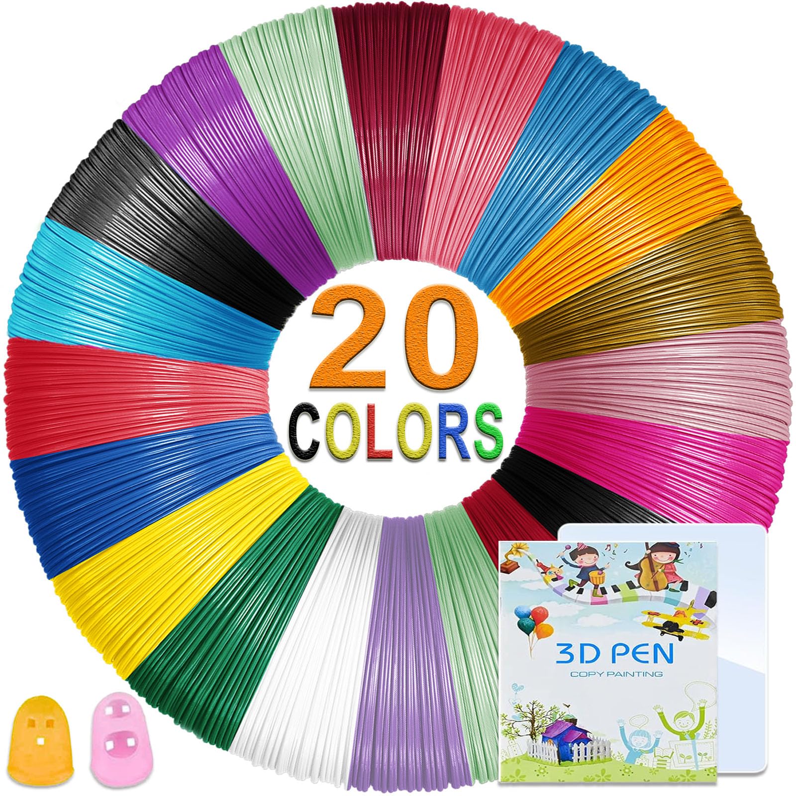 3D Pen PLA Filament, 20 Colors 3D Printing Refills 1.75mm with 3D Printing Drawing Book & 2 Finger Caps, Total 197 Feet, Compatible with SCRIB3D MYNT3D 3D Pen, Not Suitable for 3Doodler
