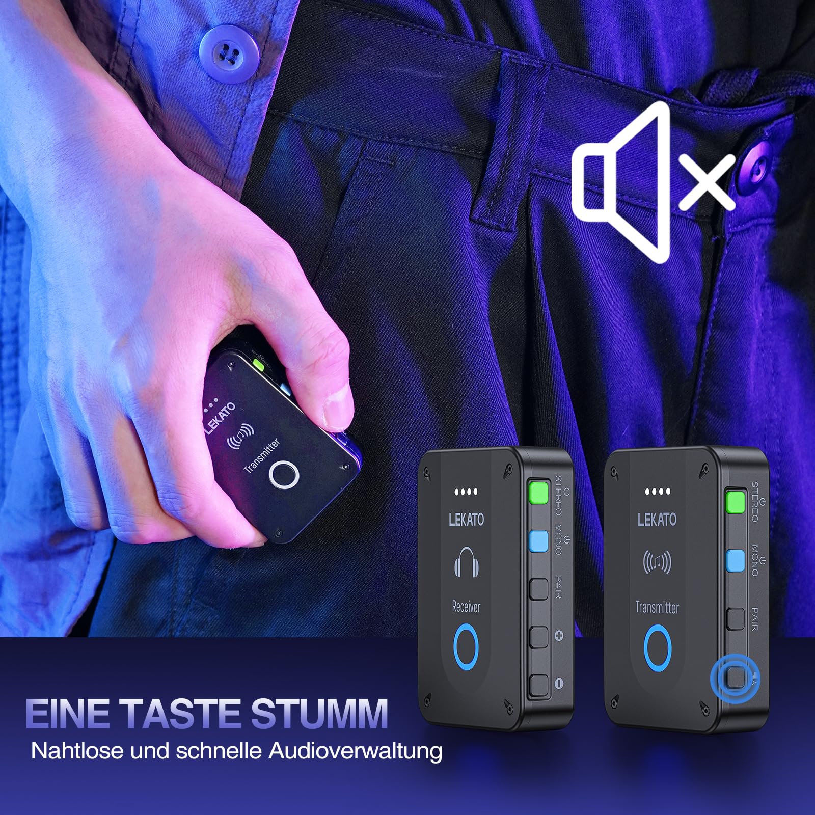 LEKATO MS-02 Drahtloses In-Ear Monitoring System, Professionelles kabelloses 2.4G IEM-System mit Sender & Empfänger im Mono- und Stereo-Mode, Eins zu Mehr- geeignet für Bandproben und Live-Auftritt